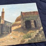 Painting on canvas signed “Wyett” – Village scene with chickens