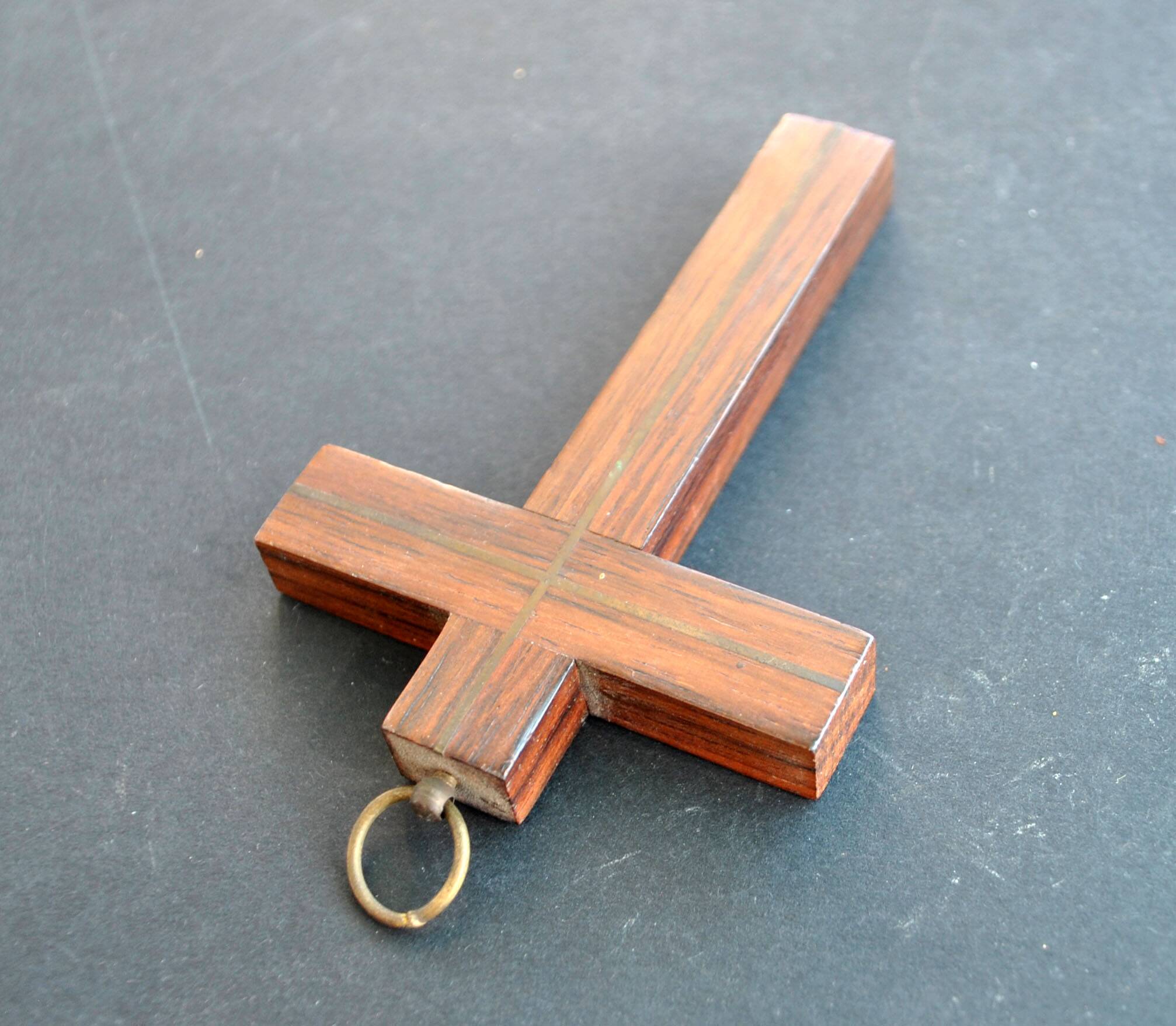 Vintage Crucifix Cross in Macassar Ebony Wood and Brass