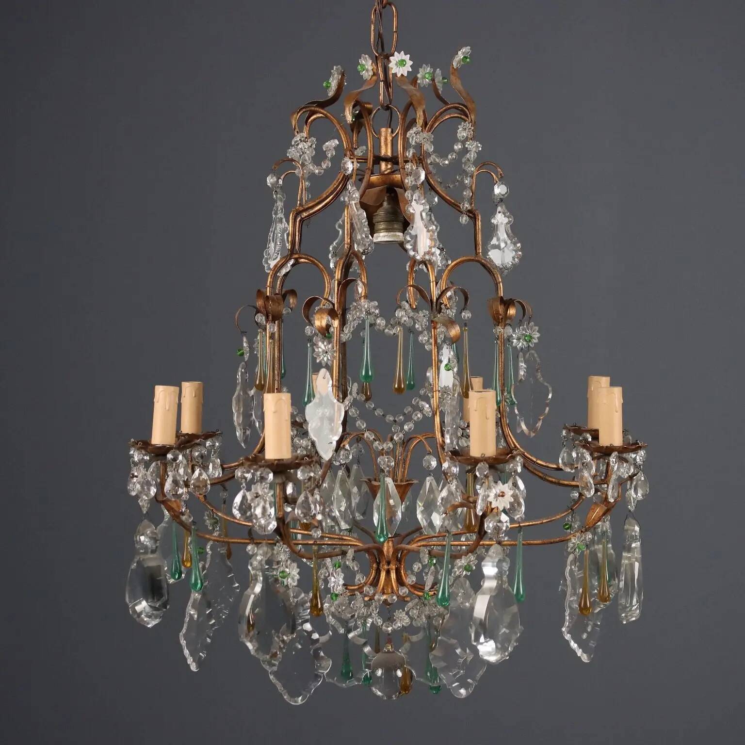 Antique chandelier in gilded iron and glass, Italy, 20th century