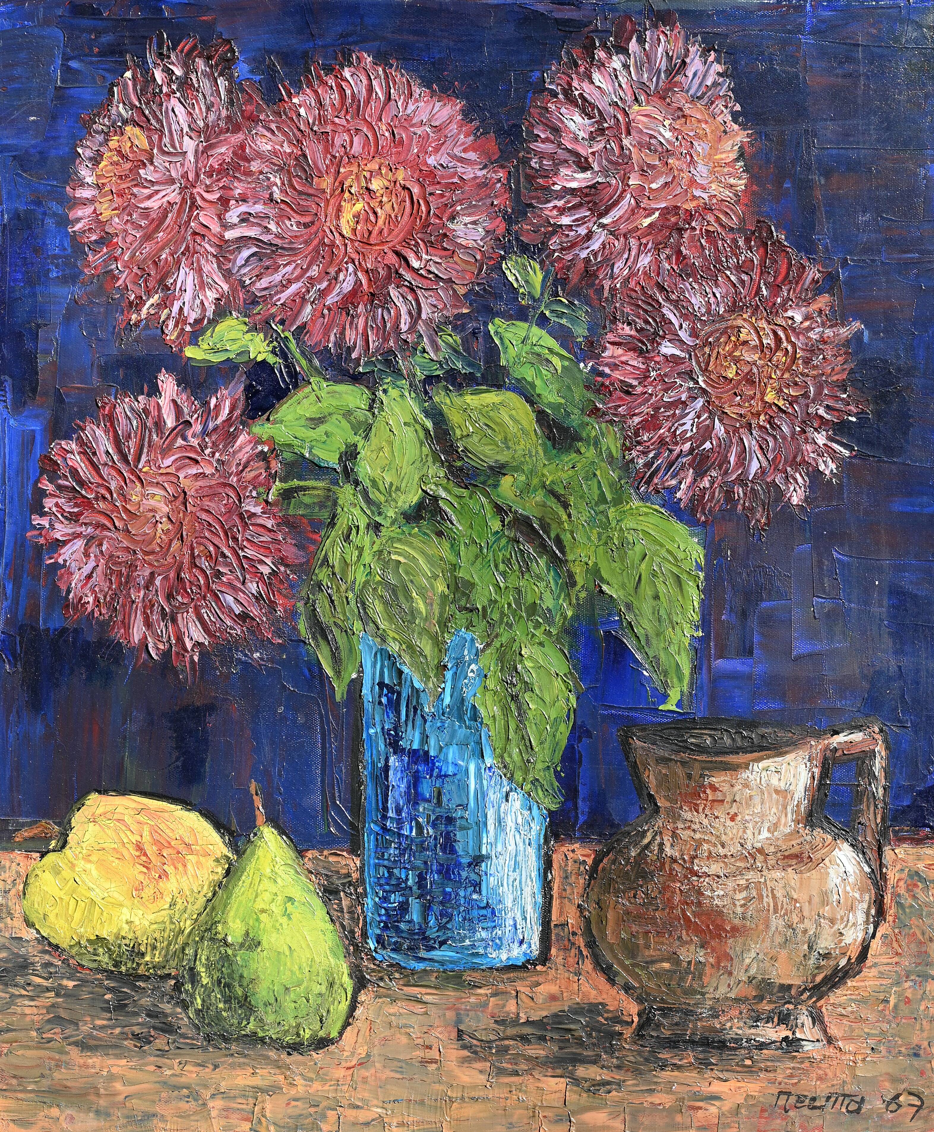 Oil on canvas flowers fruits signed dated 1967