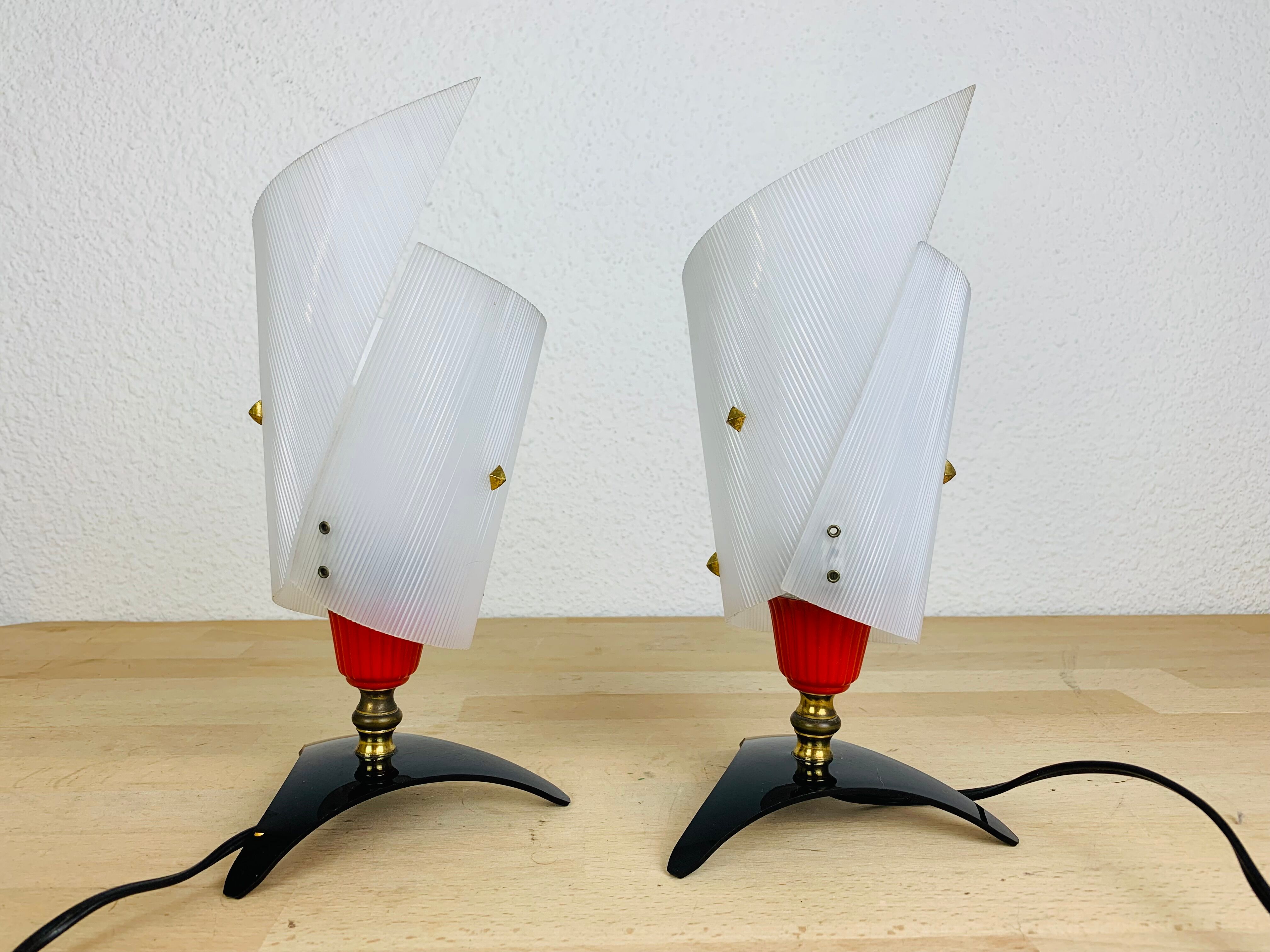 Pair of 50s plastic brass bedside lamps