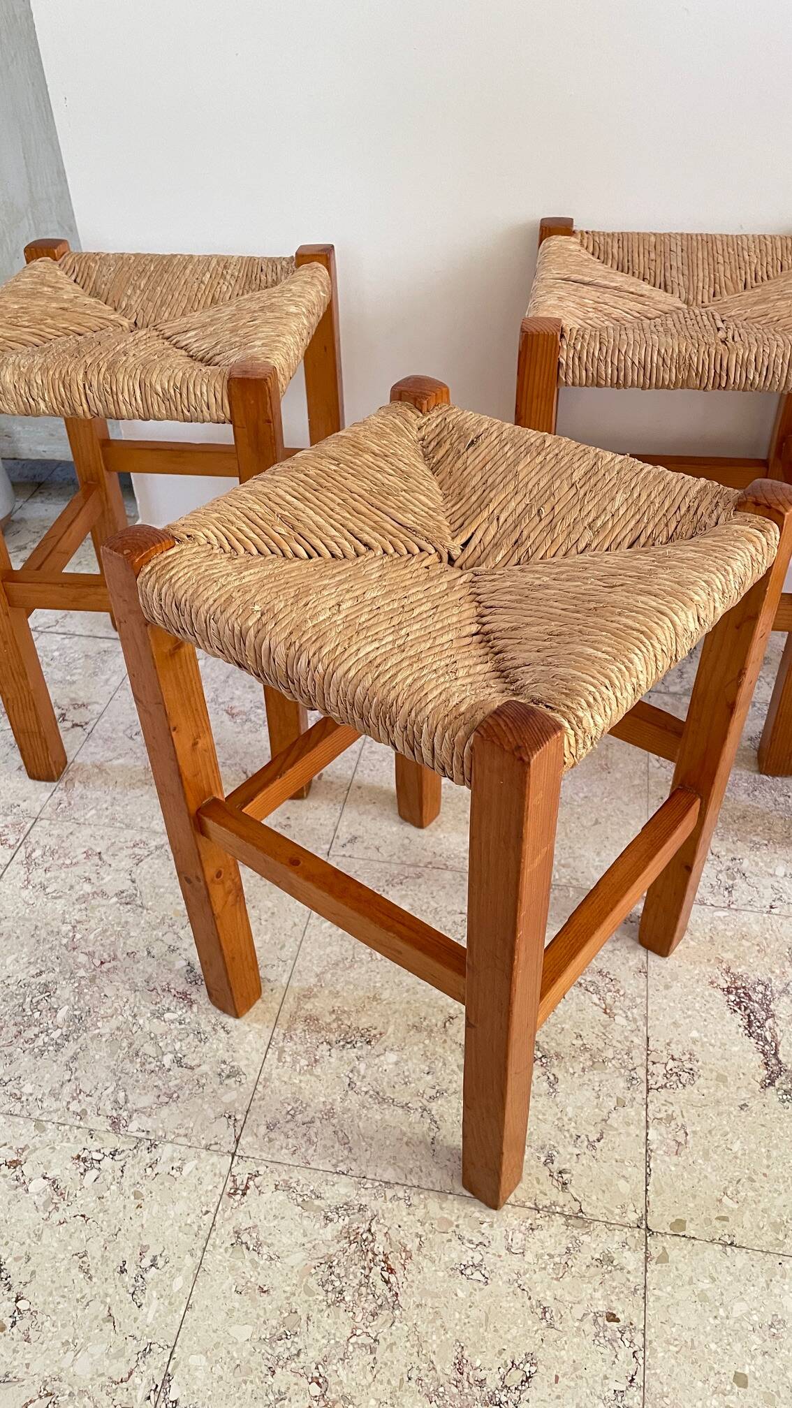 Pair of vintage wooden and straw stools