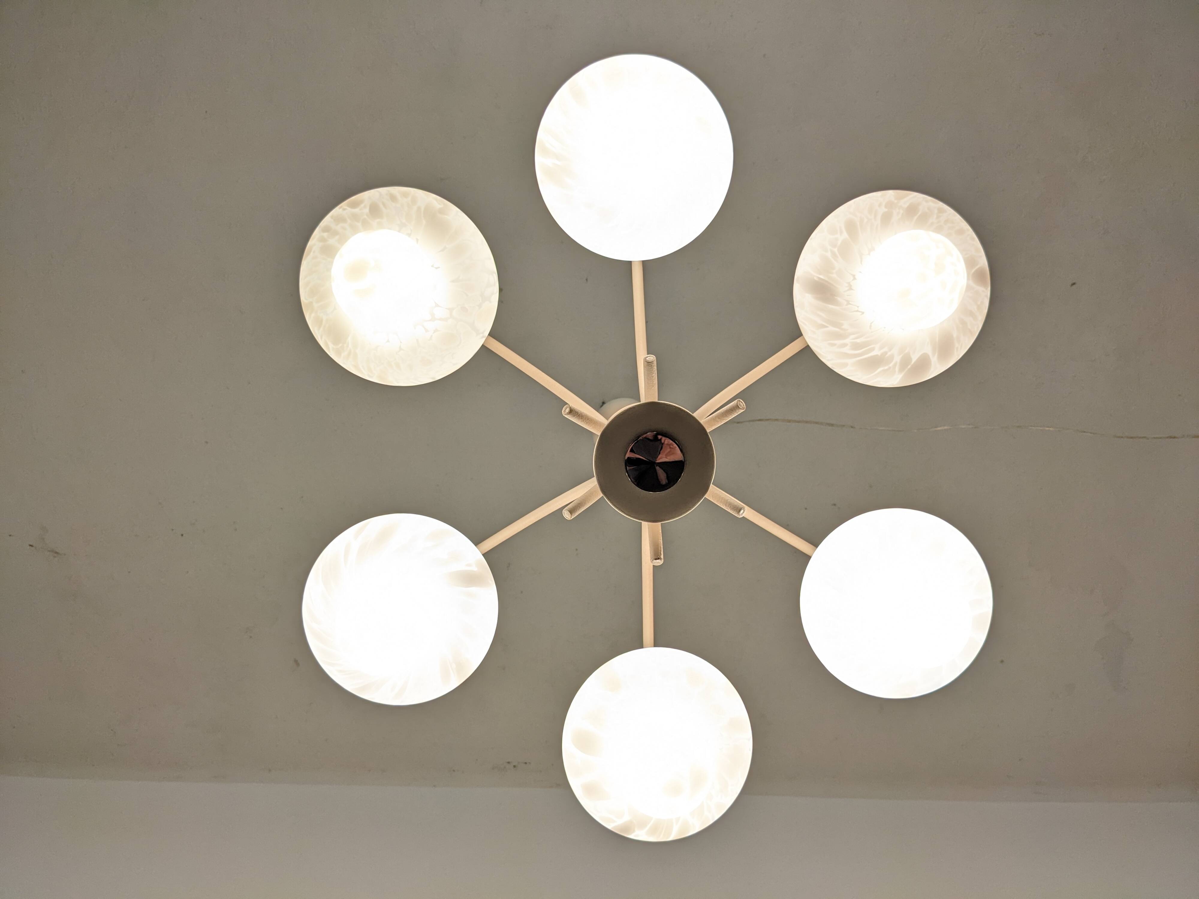 Space age chandelier with 6 frosted glass lights, Eastern Europe circa 1950.