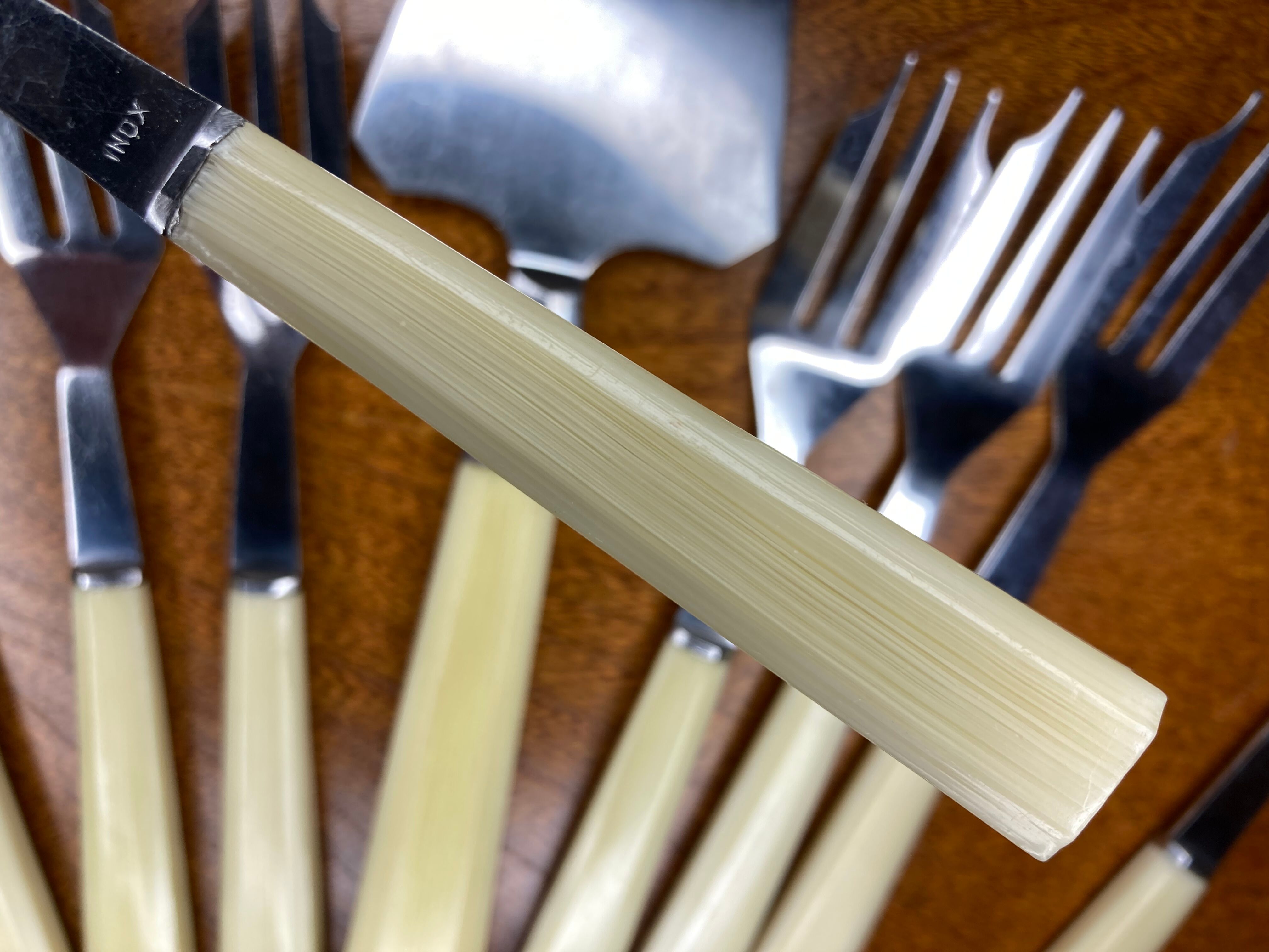12 dessert forks and stainless steel pie shovel and ecru Bakelite handle