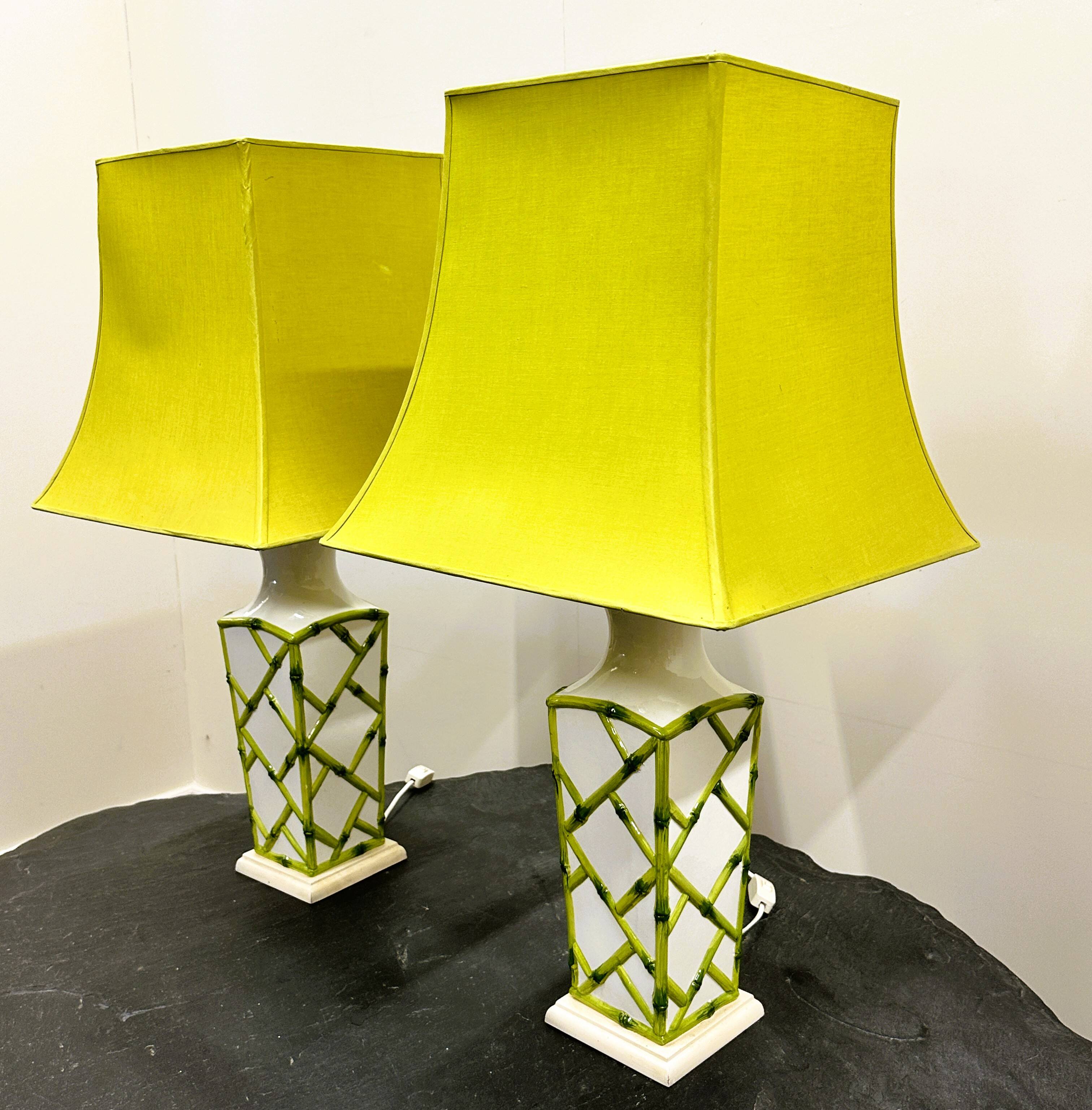 Pair of Faux Bamboo French Ceramic Table Lamps, French 1970s