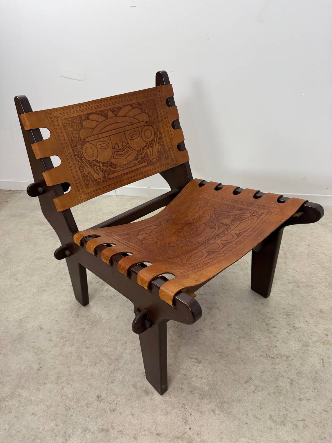 Vintage teak and leather armchair design Angel Pazmino brand Ecuador vintage 1960