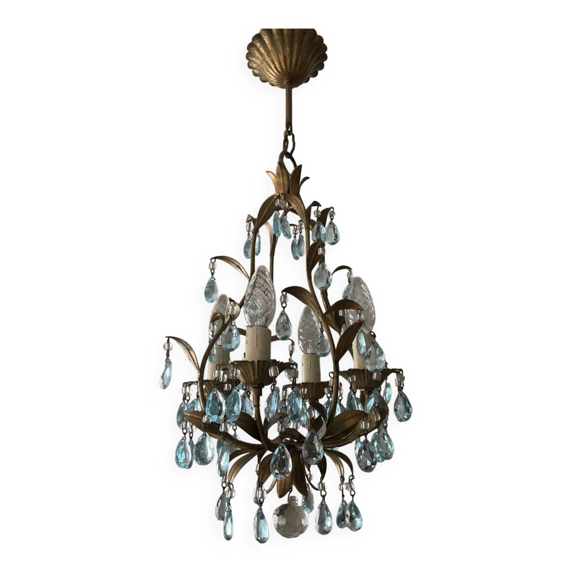 Antique Italian chandelier with cage and blue tassels