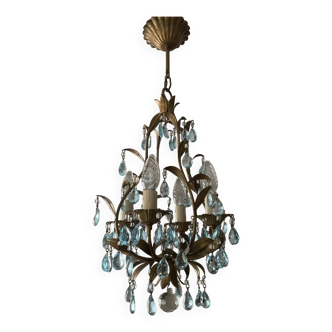 Antique Italian chandelier with cage and blue tassels