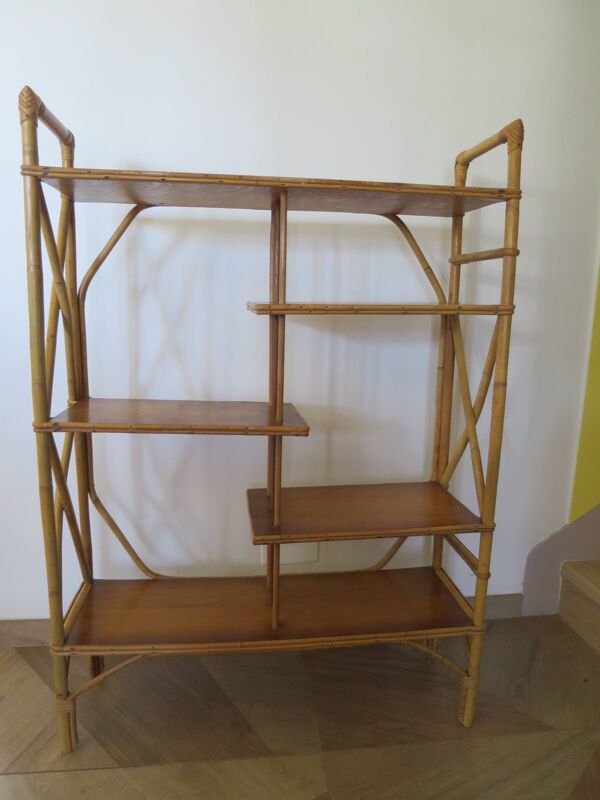 vintage -étagère-bibliotheque-bibus-asymétrique-bambou-bois-rotin-années 60