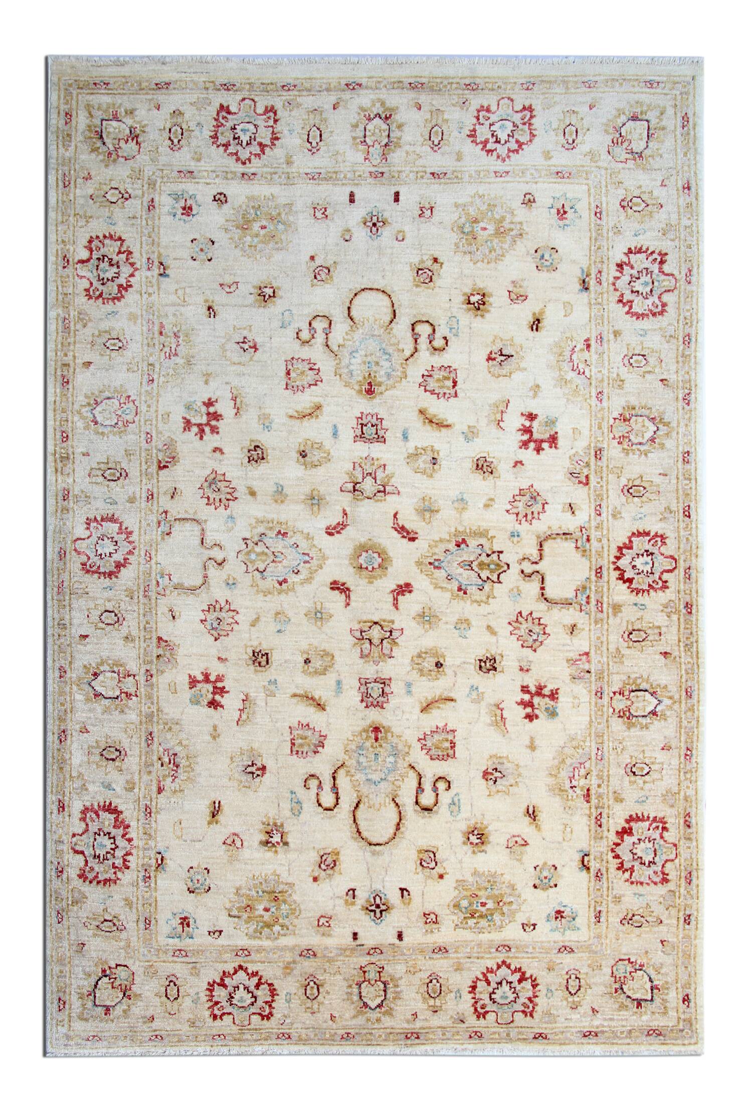 Cream Wool Area Rug, Handwoven Floral Carpet, Traditional Decor 190x128cm