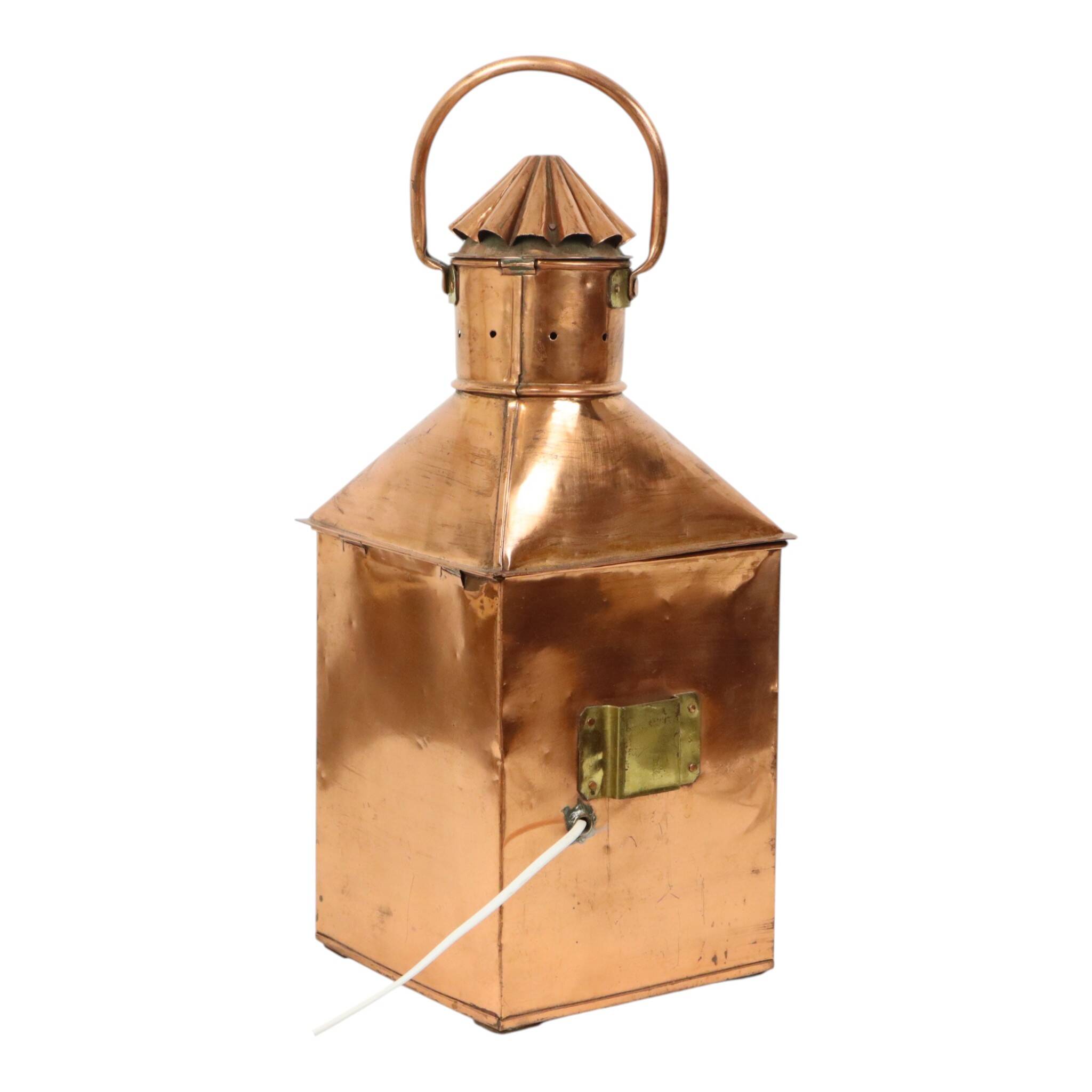 Large Vintage Ship's Lamp Red Copper Fresnel Lens 49cm