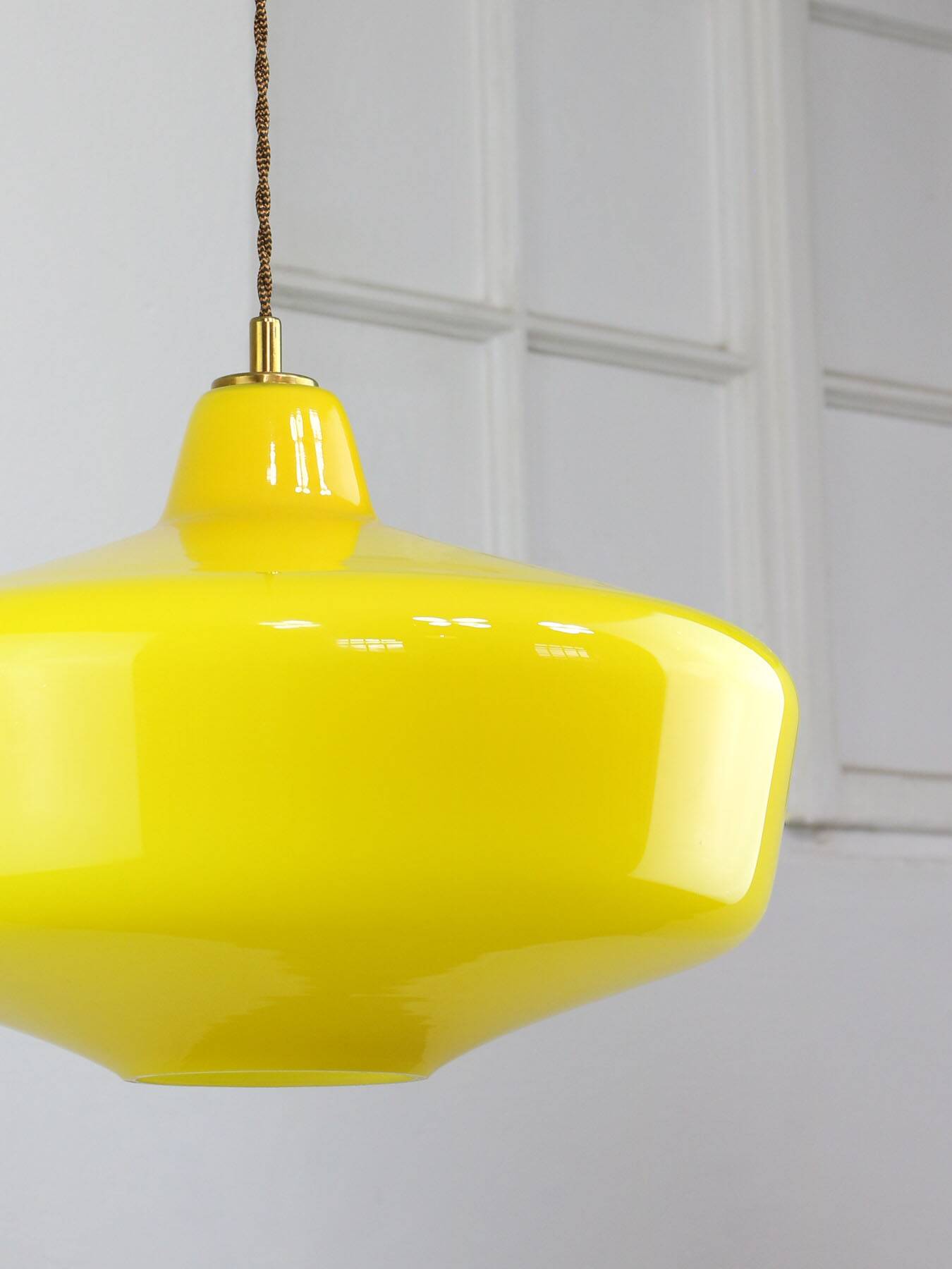 Mid-Century Italian Brass and Yellow Glass Pendant Lamp