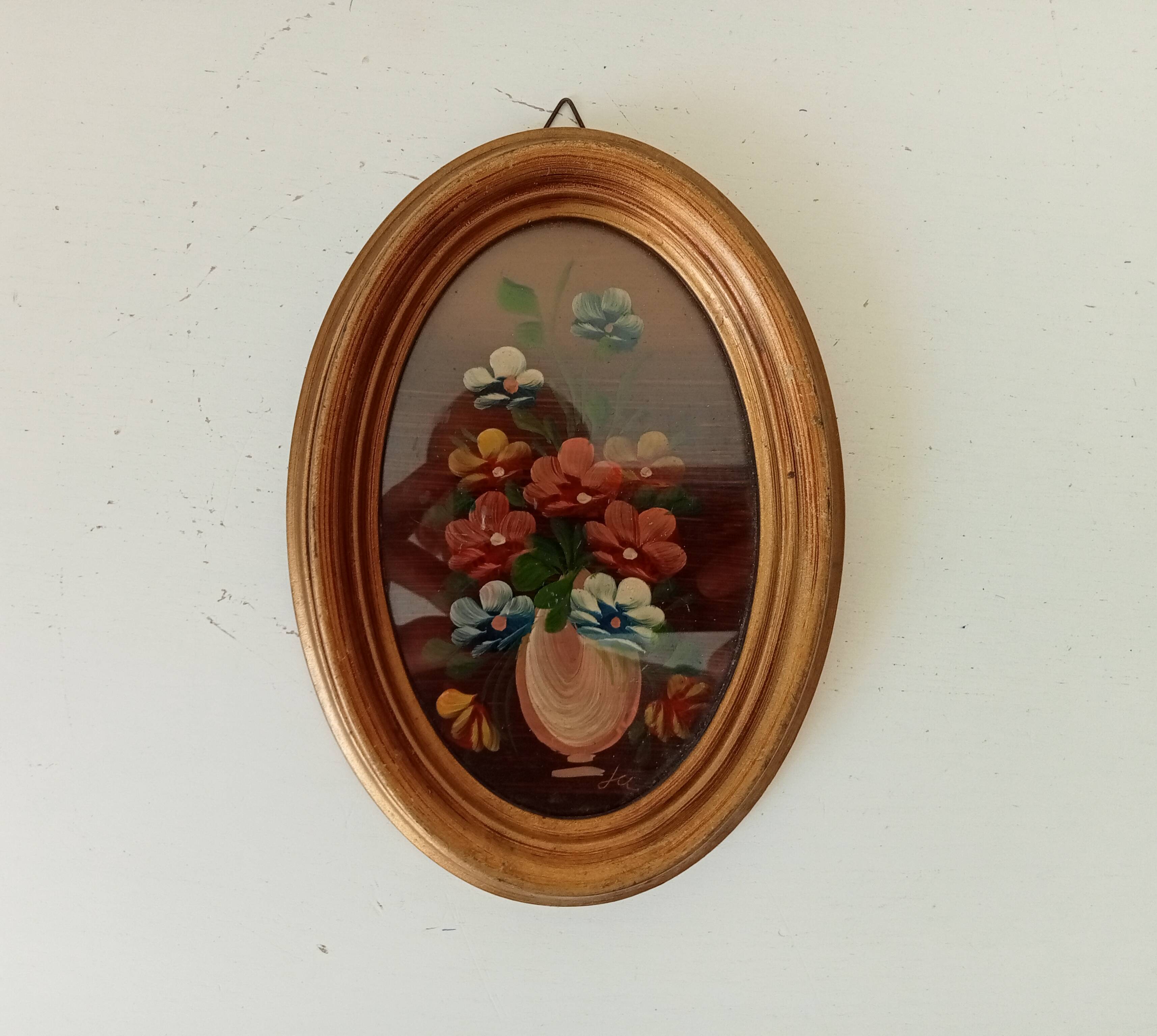 Vintage miniature painting oil painting under glass