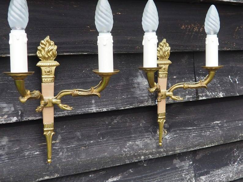 Vintage French Empire Sconces: Gilt Bronze, Salmon Column Double Arm Light