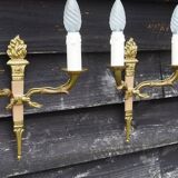 Vintage French Empire Sconces: Gilt Bronze, Salmon Column Double Arm Light