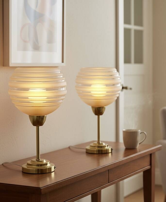 Pair of Art Deco bedside lamps in brass and etched glass