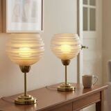 Pair of Art Deco bedside lamps in brass and etched glass