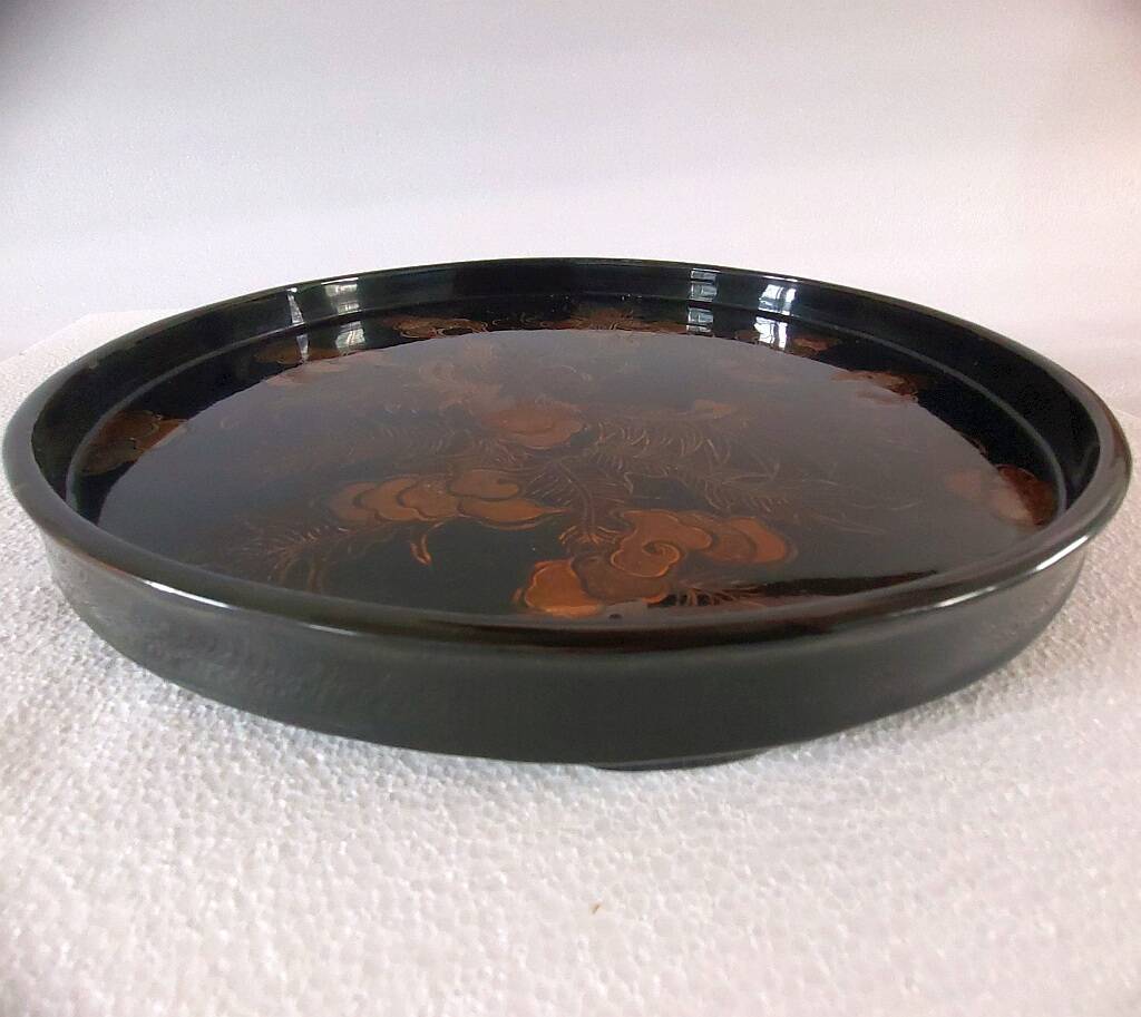 Japanese Art Round Lacquer Tray Gold Phoenix Bird Vintage