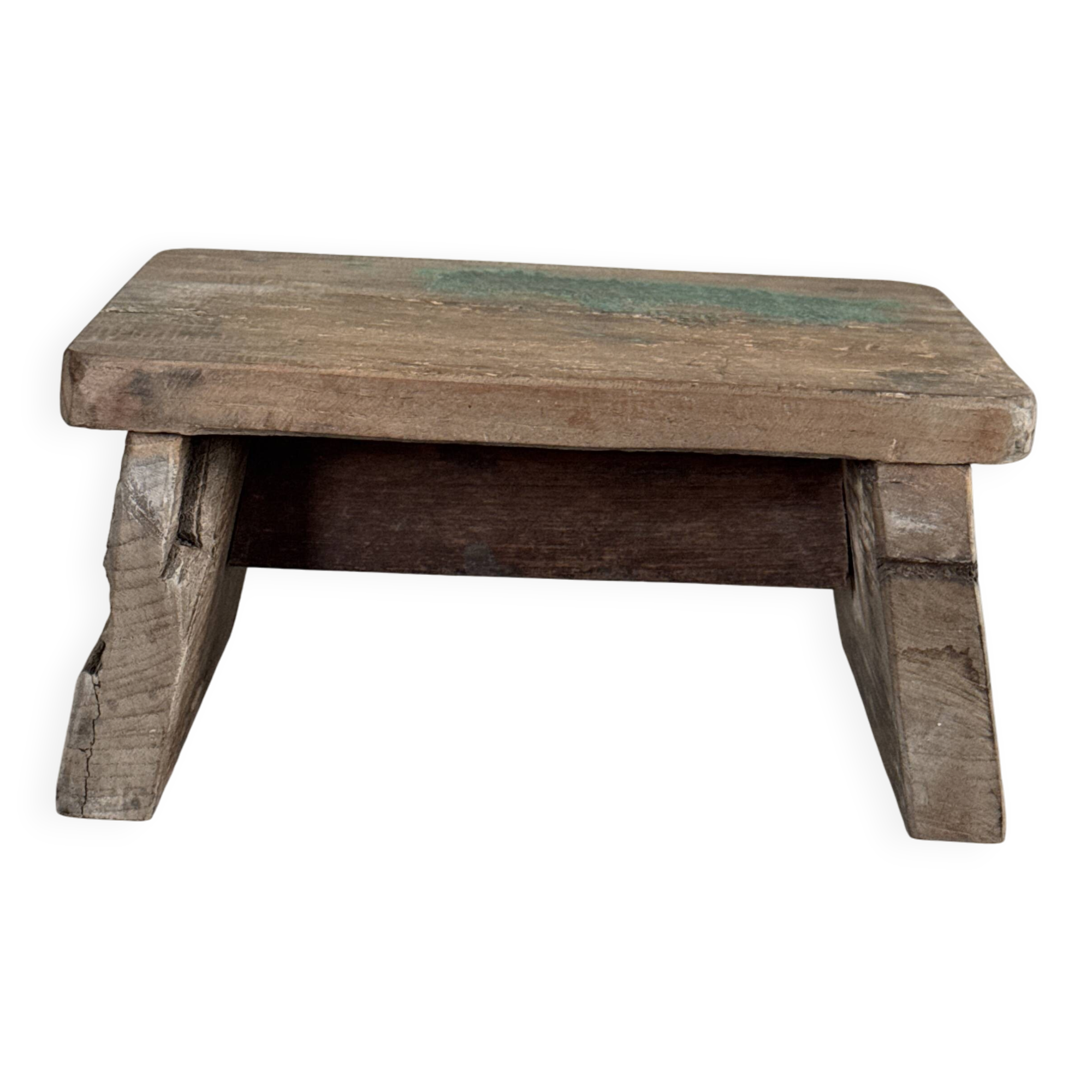 Tabouret d'appoint en teck upcyclé, traces de chromie verte