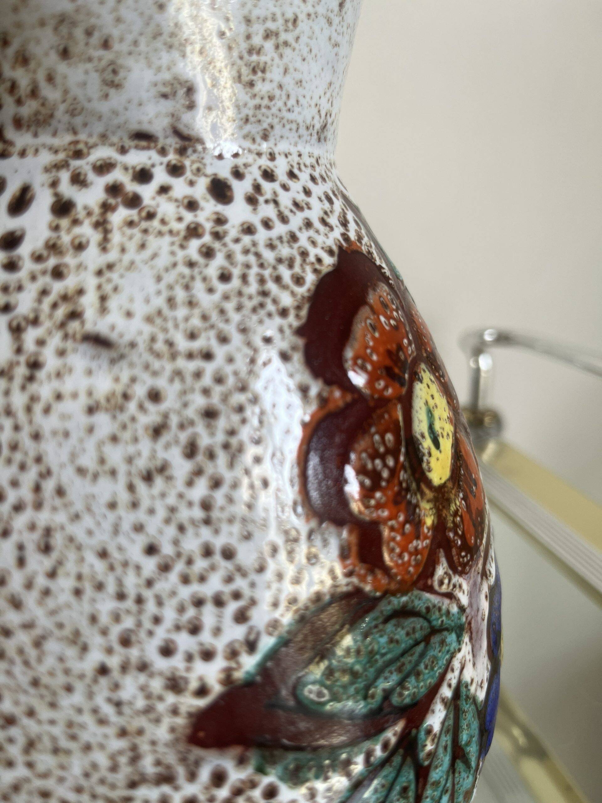 Flowery pitcher in vallauris enameled ceramic hand decorated