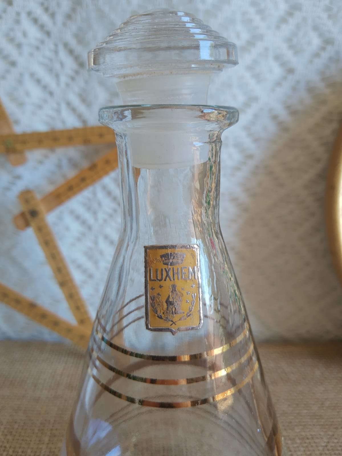Luxhem glass carafe with vintage gold trim