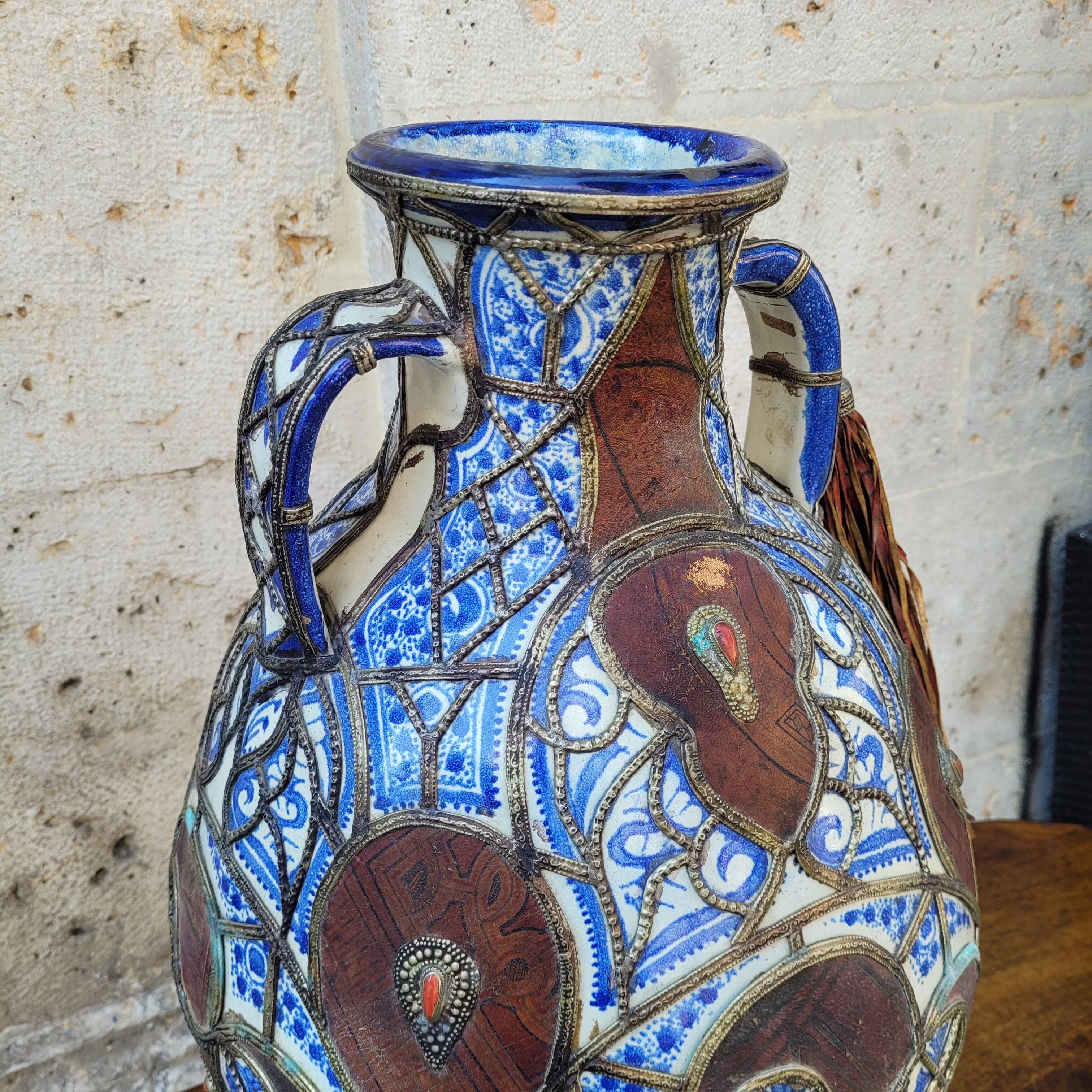 Filigree vase, ceramic, leather, enamel and metal, 19th century - Safi, Morocco