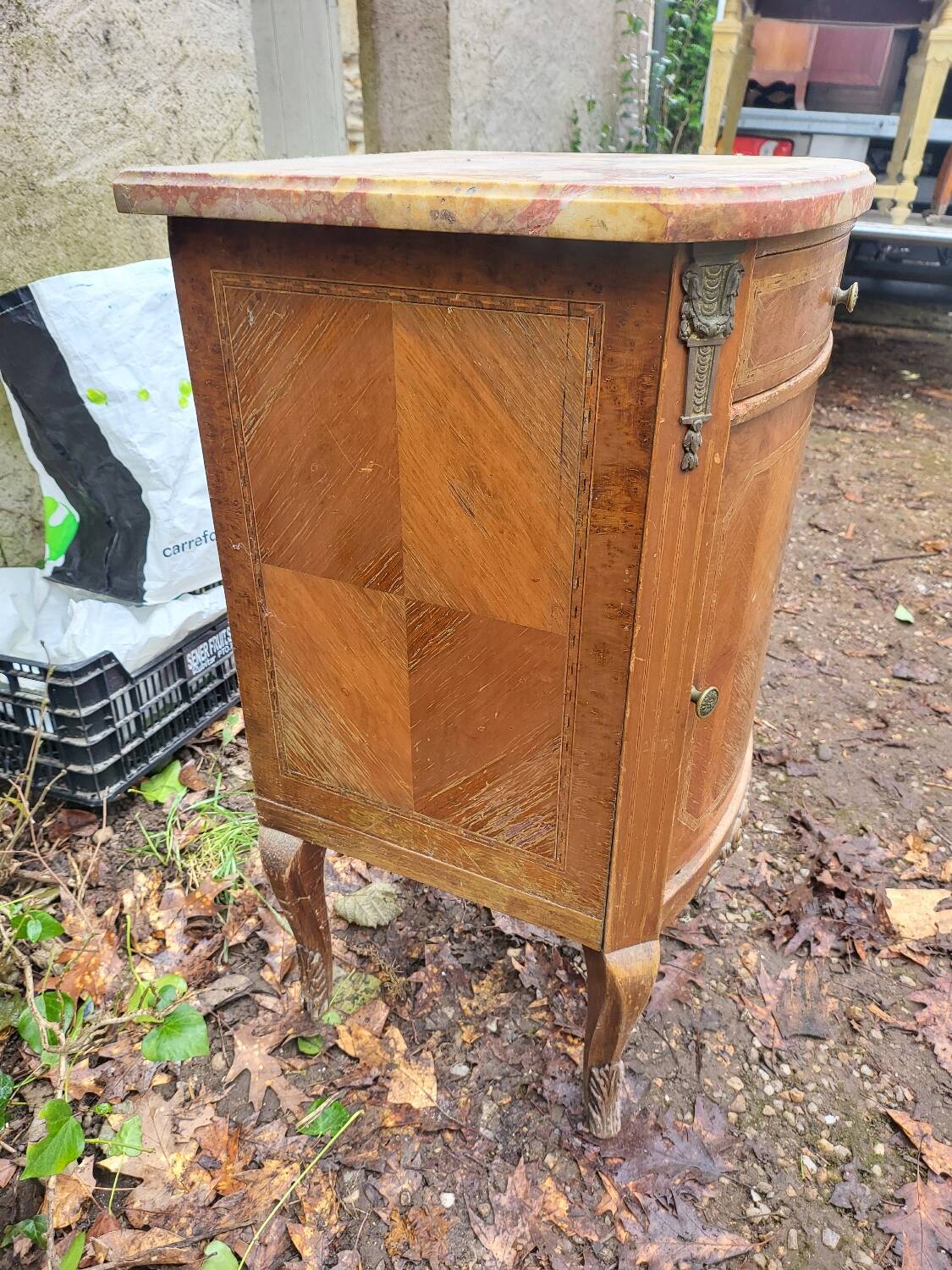 Antique side table in marquetry wood with a marble top – late 11th century