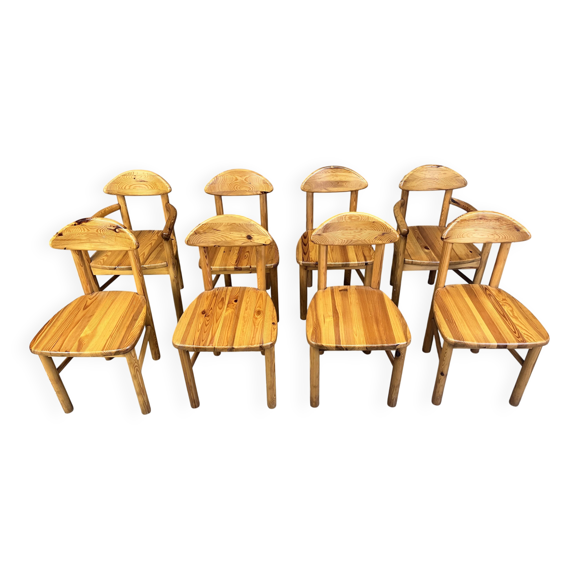 Vintage pine wood dining chairs - 1980s - set of 8