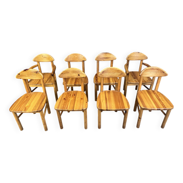 Vintage pine wood dining chairs - 1980s - set of 8