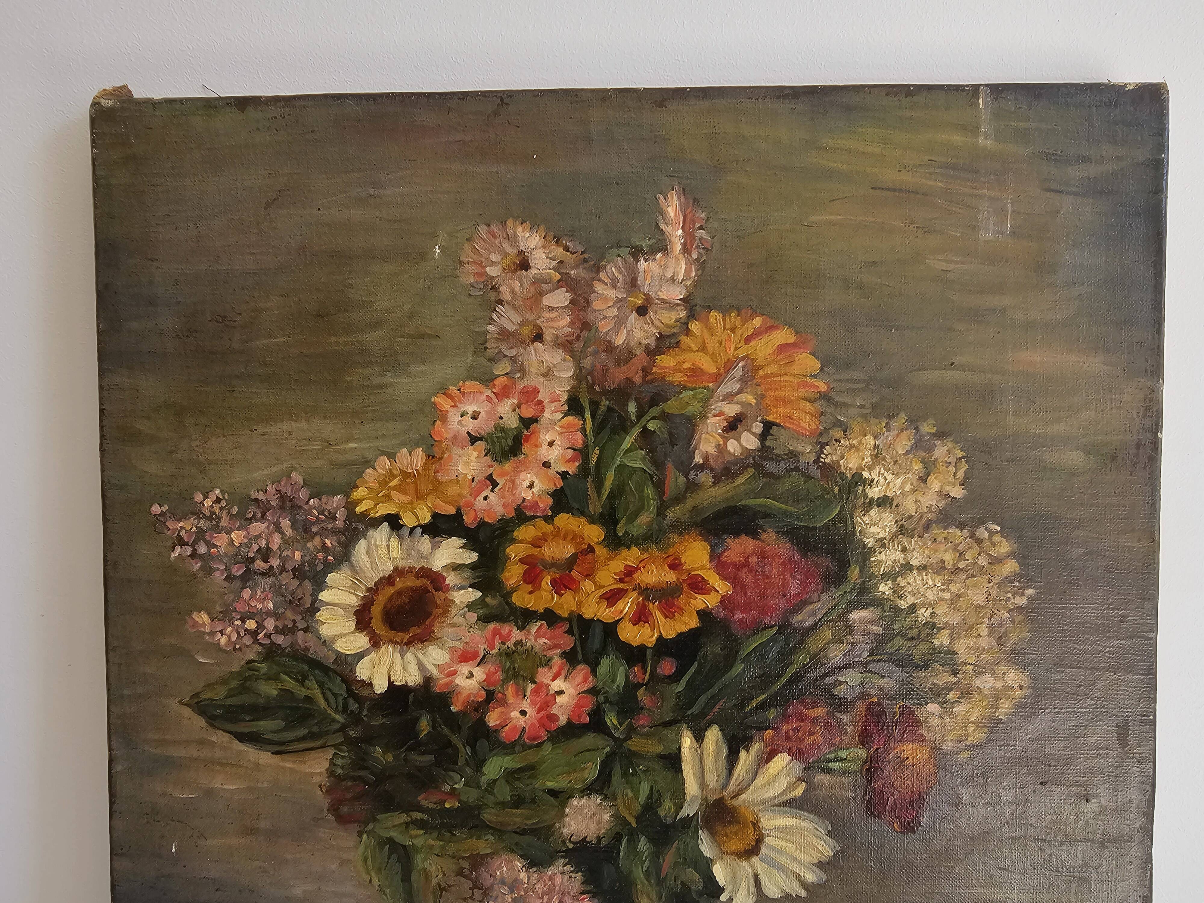 Old Oil on Canvas Painting - Still Life Spring Flower Bouquet