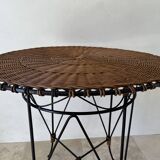 Vintage round table in woven rattan and black wrought iron – 1950s / 1960s