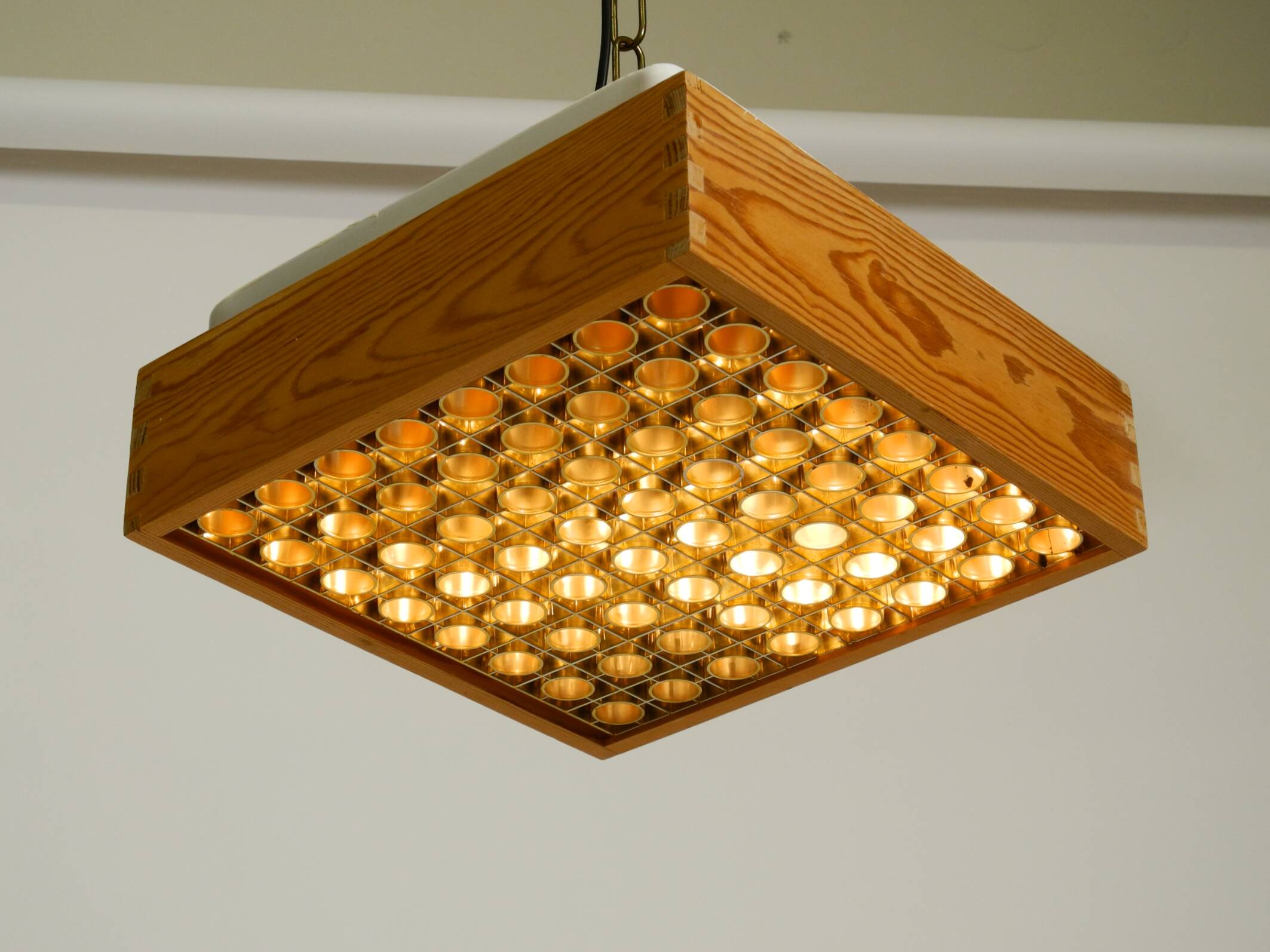 Beautiful 1970s square ceiling lamp made of pine wood by Alda Sweden
