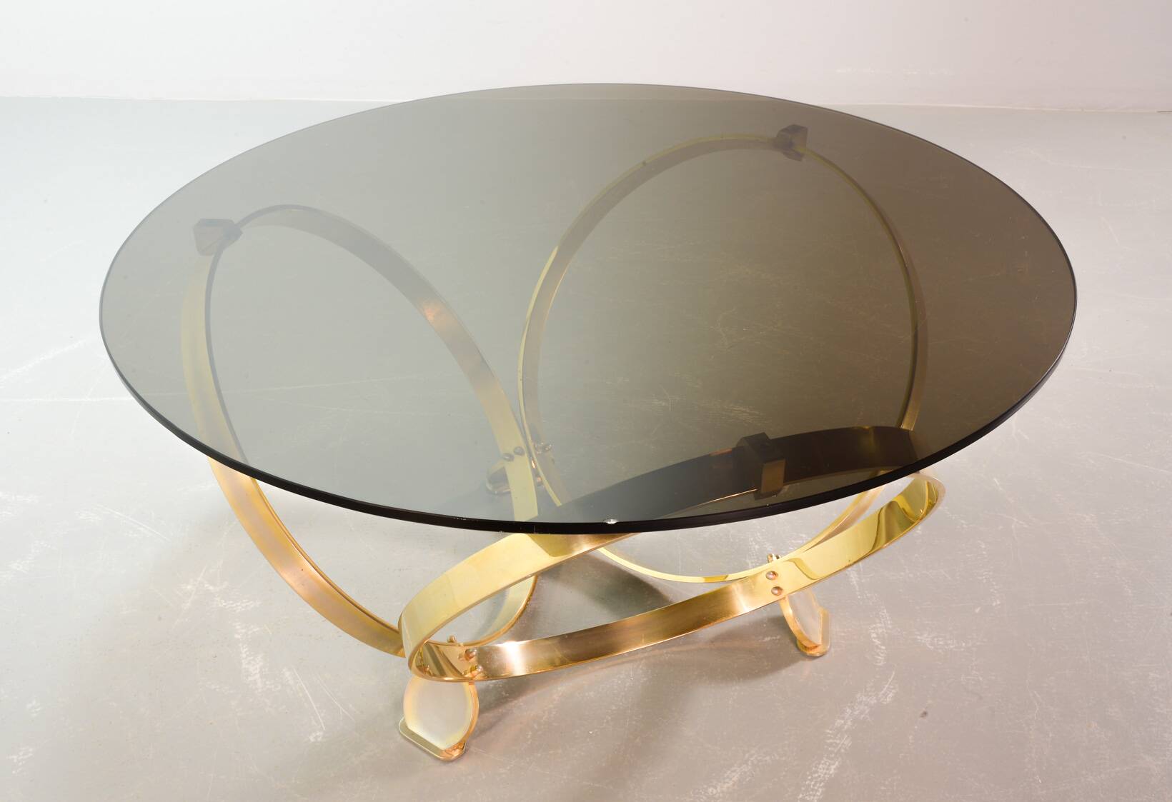 Knut Hesterberg Round Brass Coffee Table with Smoked Glass Top Germany, 70s