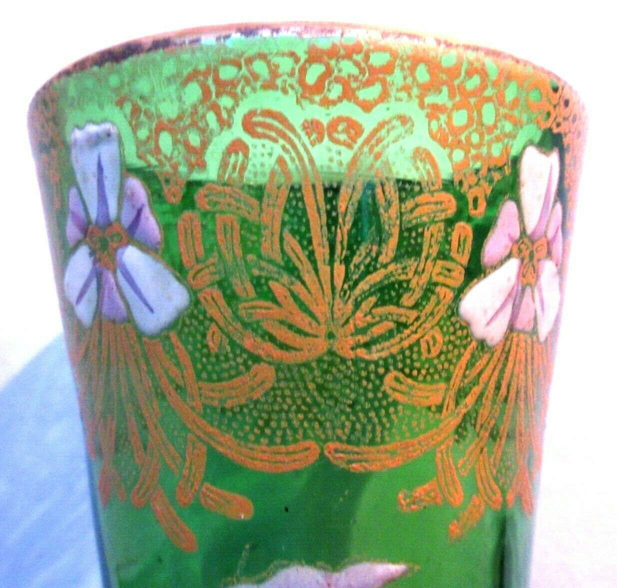 Vase "Spring" Art Nouveau enamelled glass Legras with purple iris and gold lace