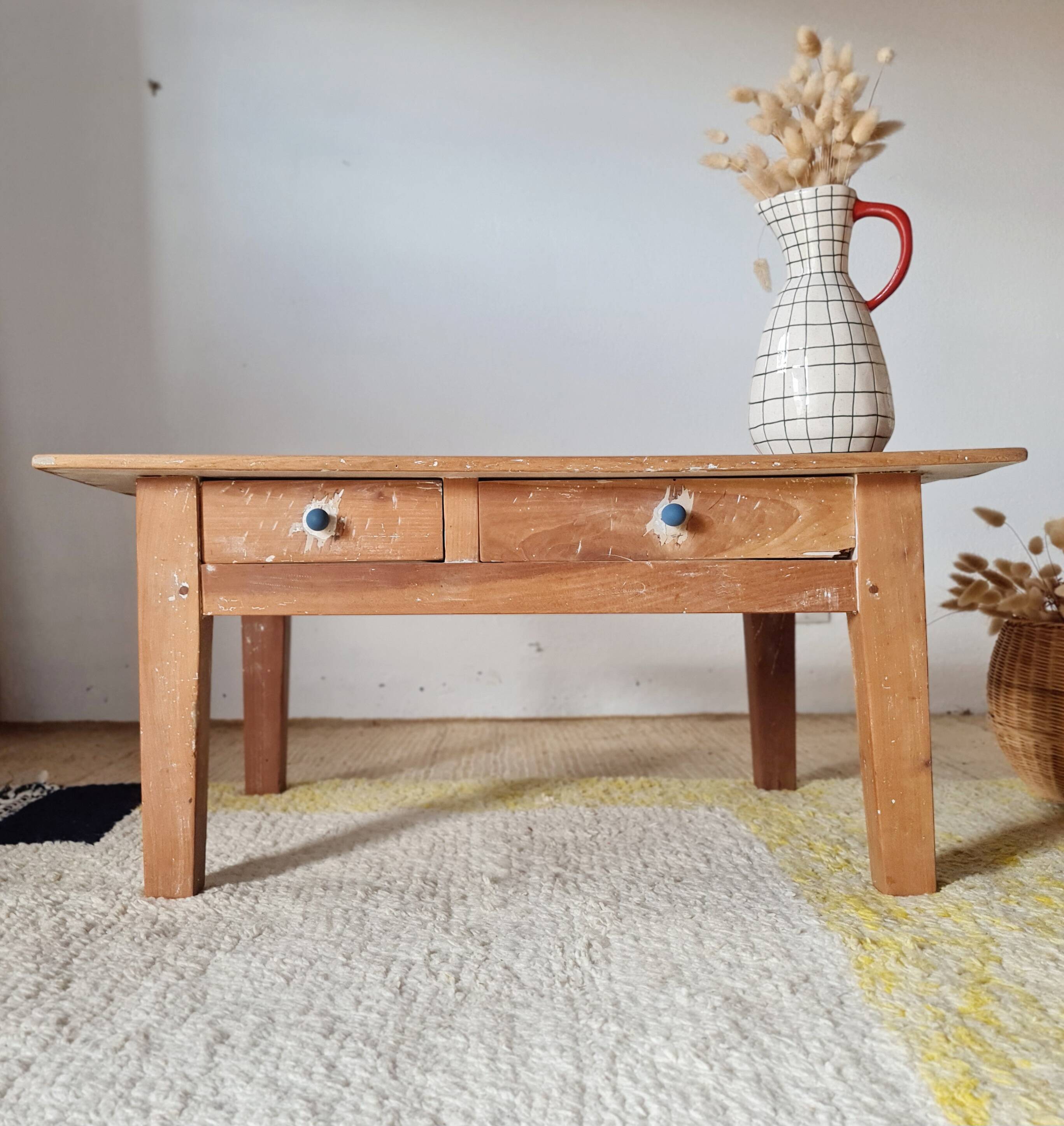 Table basse de ferme ancienne - 2 tiroirs