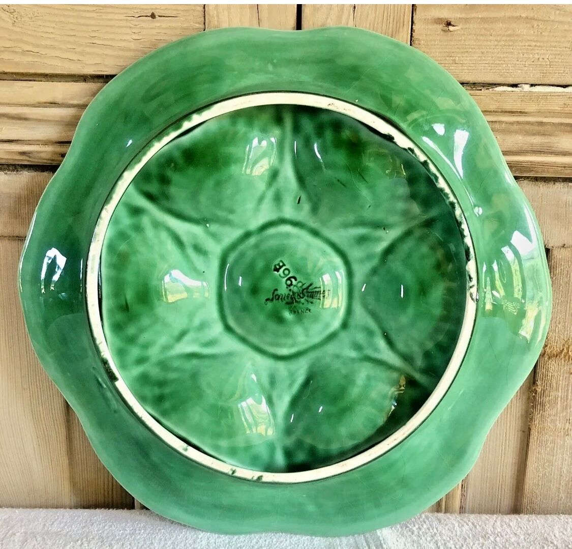 7 old oyster plates Sarreguemines green slurry