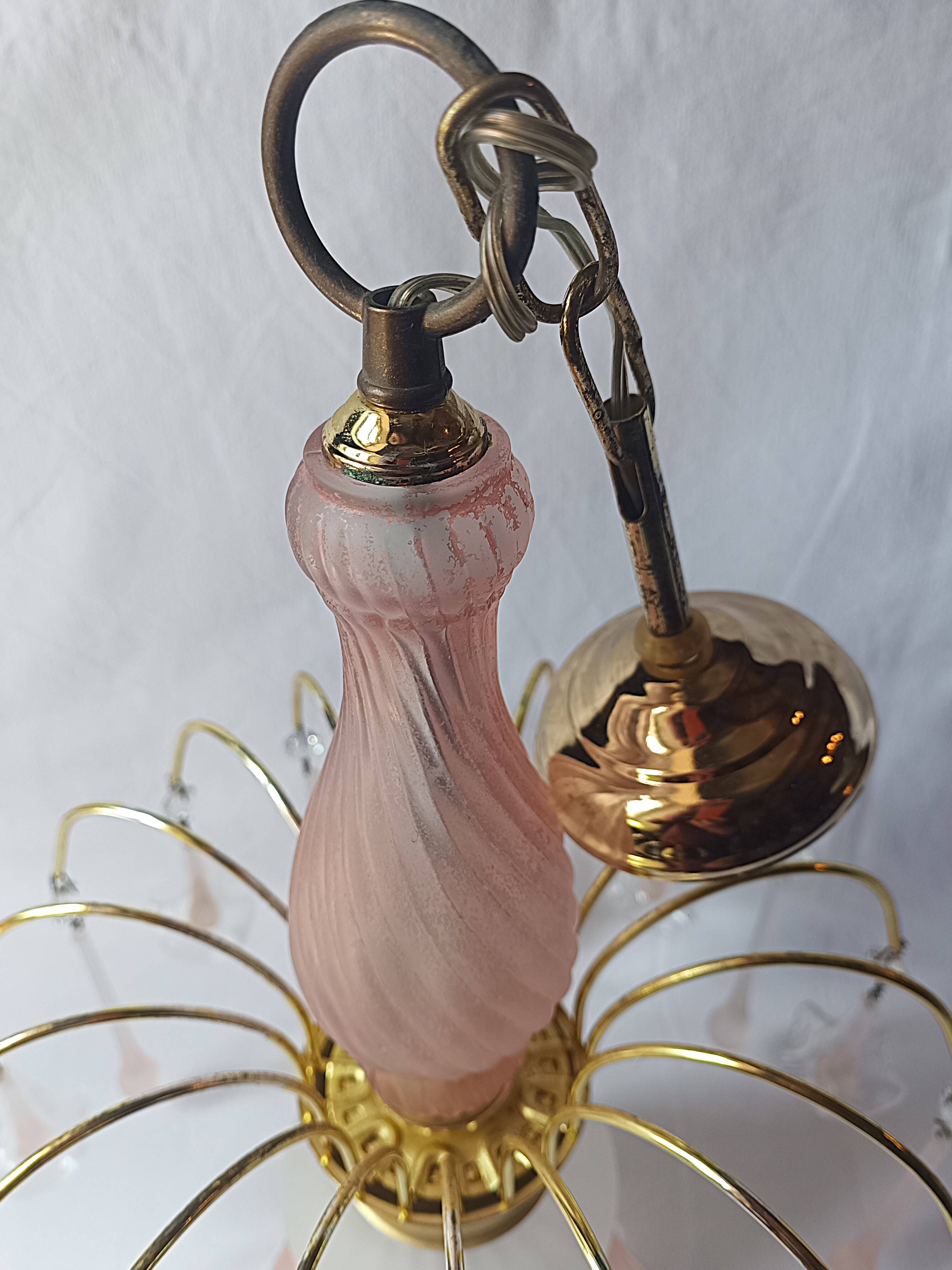 Vintage pink glass drop and flower chandelier pendant light.