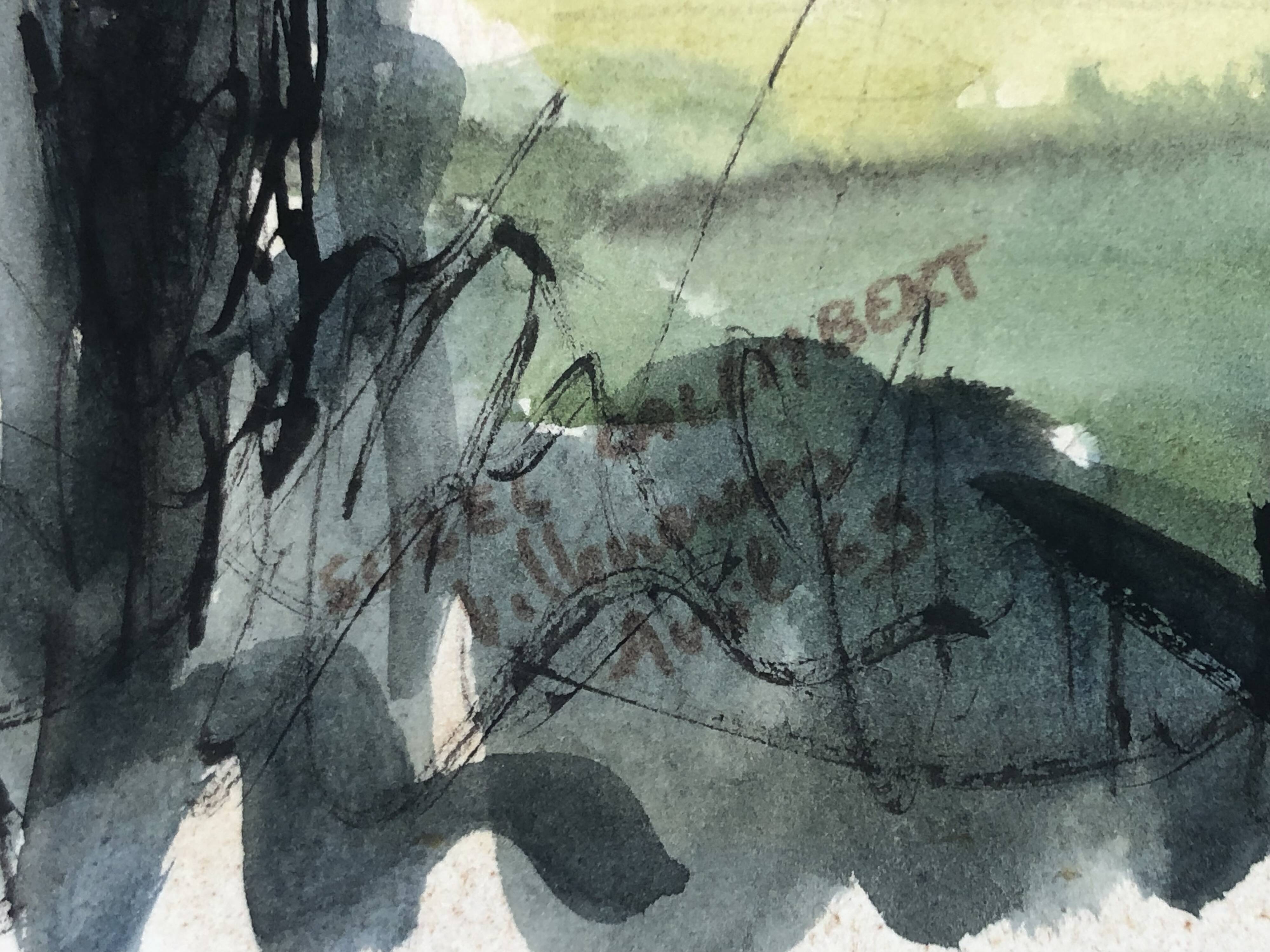 Watercolor & black ink landscape of villecresnes 94 val de marne, pylons, signed suzel calembert