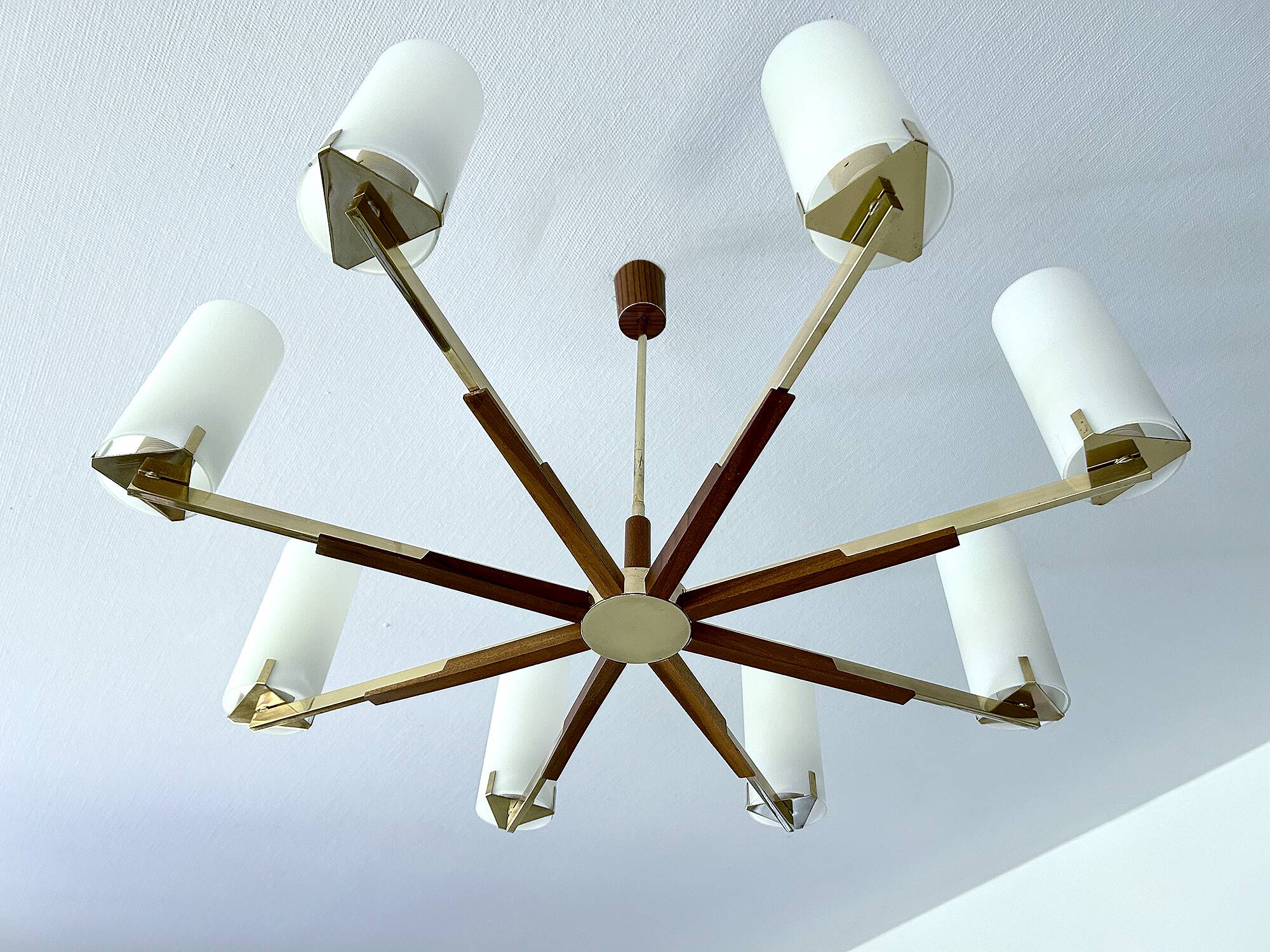 Grande suspension scandinave, teck, laiton et verre