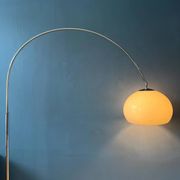 Vintage Guzzini Space Age arc floor lamp with white mushroom shade and marble base