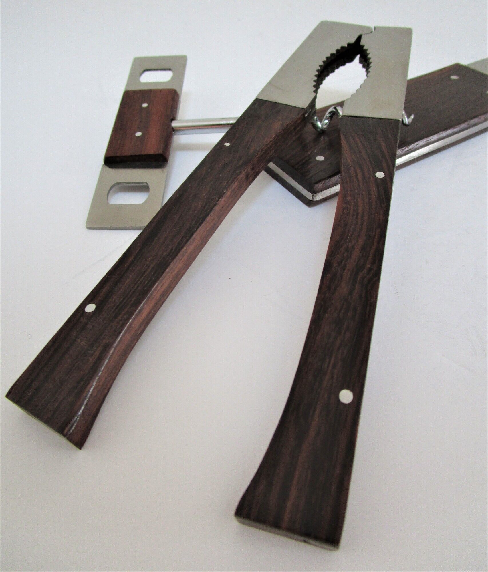 set rosewood stainless steel nutcracker corkscrew bottle opener design 70s Letang Remy