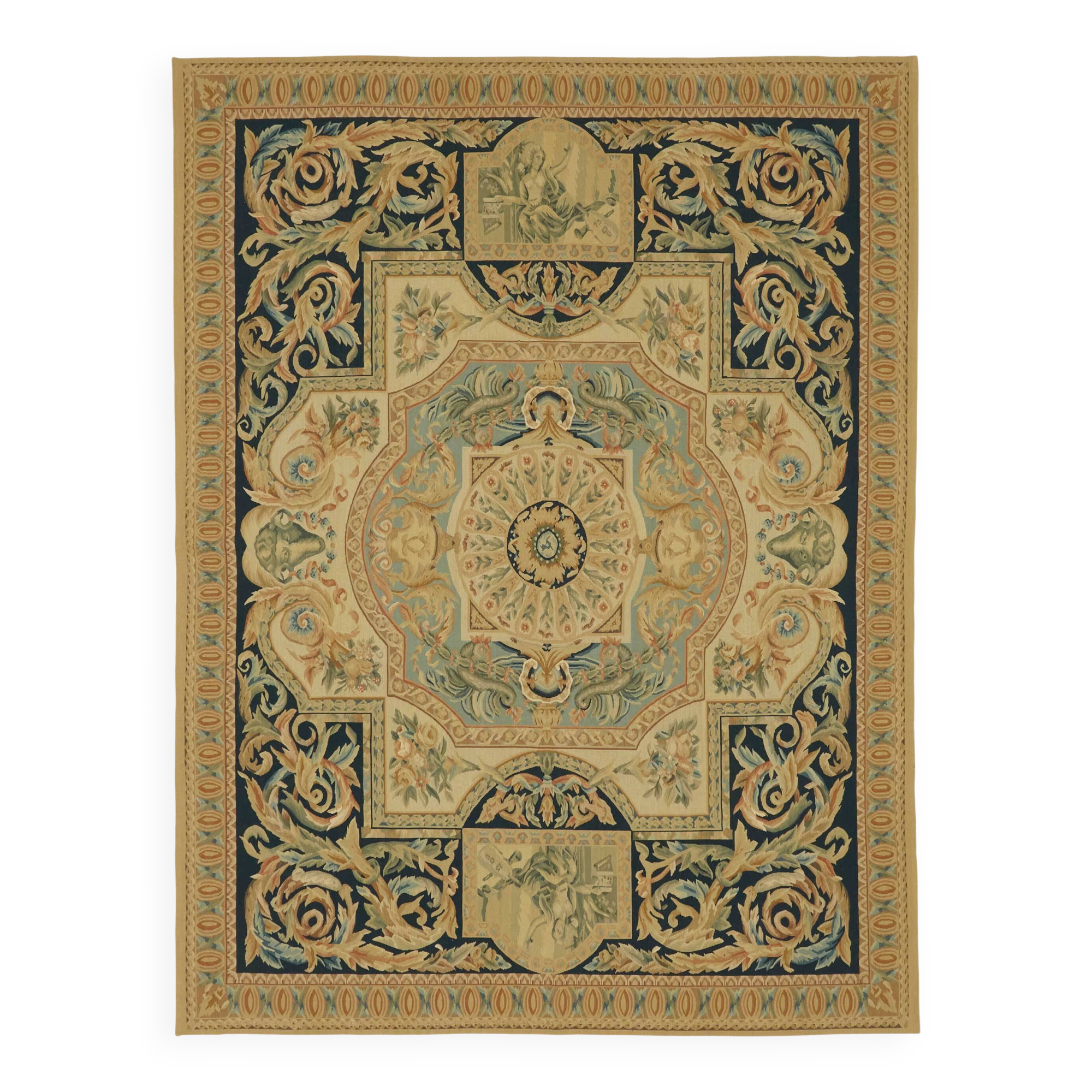 Handmade European Vintage Aubusson Kilim 240 cm x 312 cm