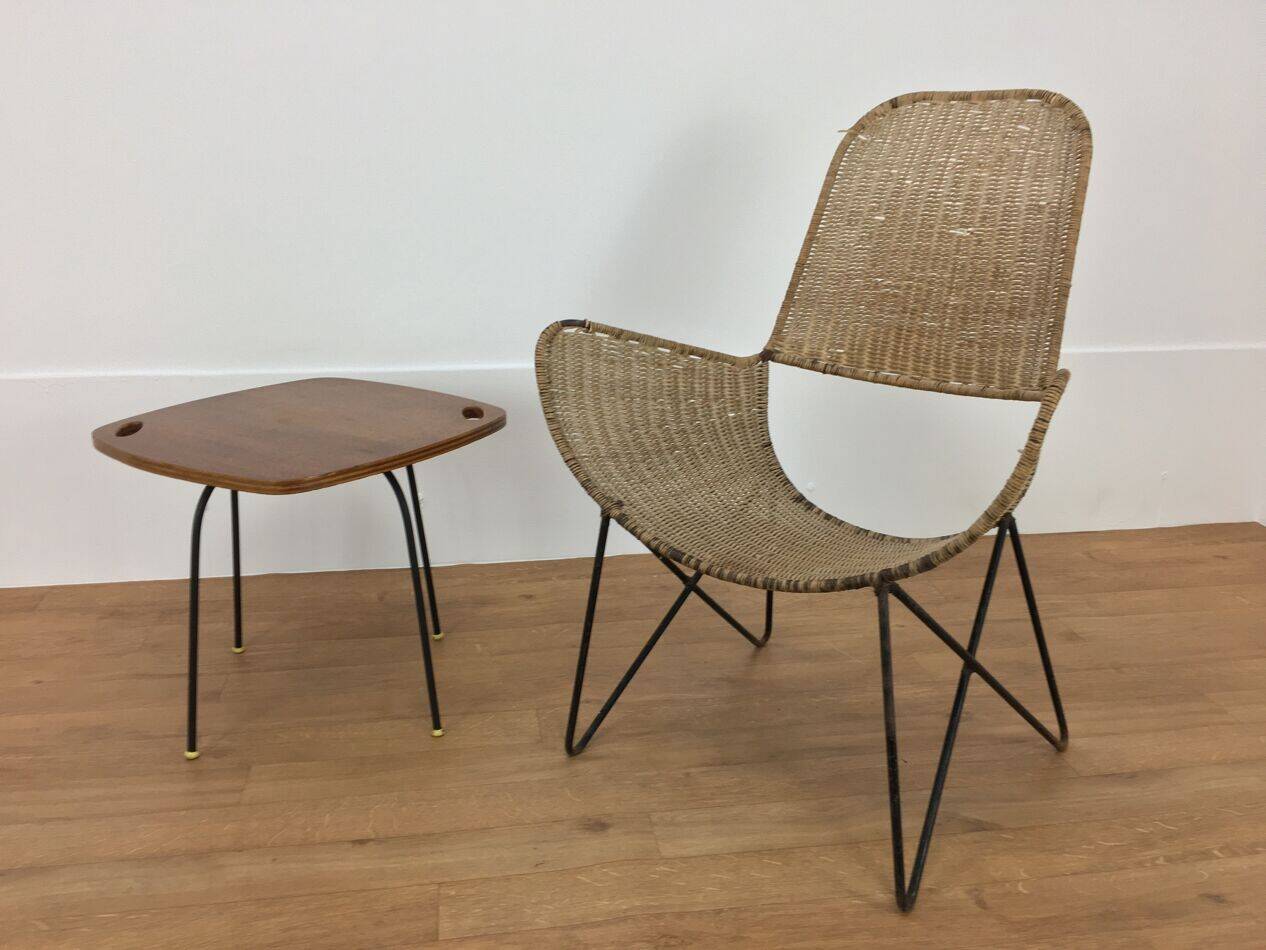 Modernist side table, 1950s, wood and metal, with handles.