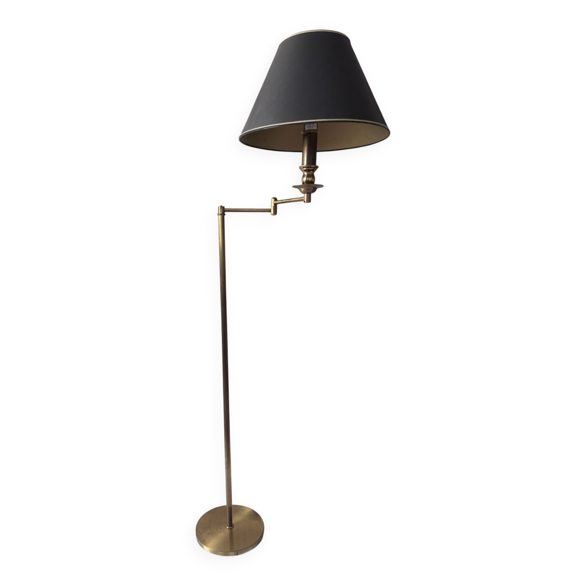 Brass reading floor lamp, adjustable arm, vintage anthracite shade.
