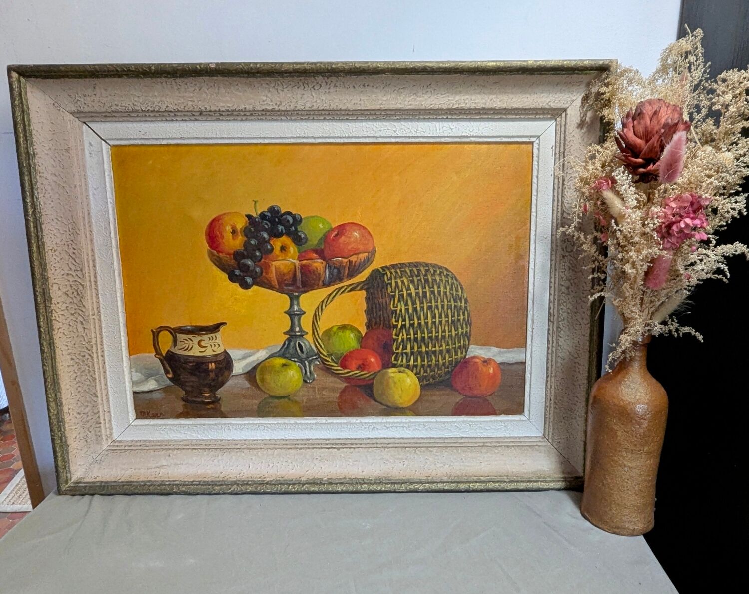 Old still life painting fruit bowl basket HST Montparnasse frame