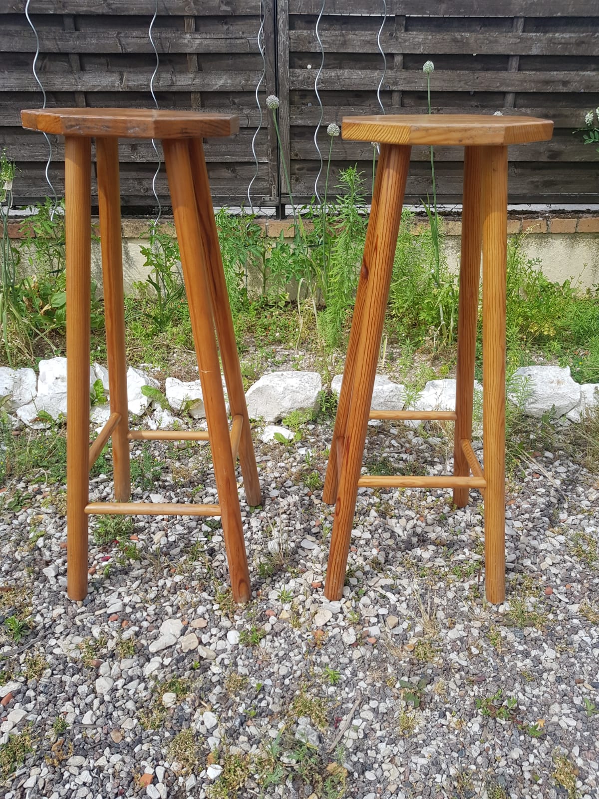 Pair wooden top stool seated bar hexagonal vintage