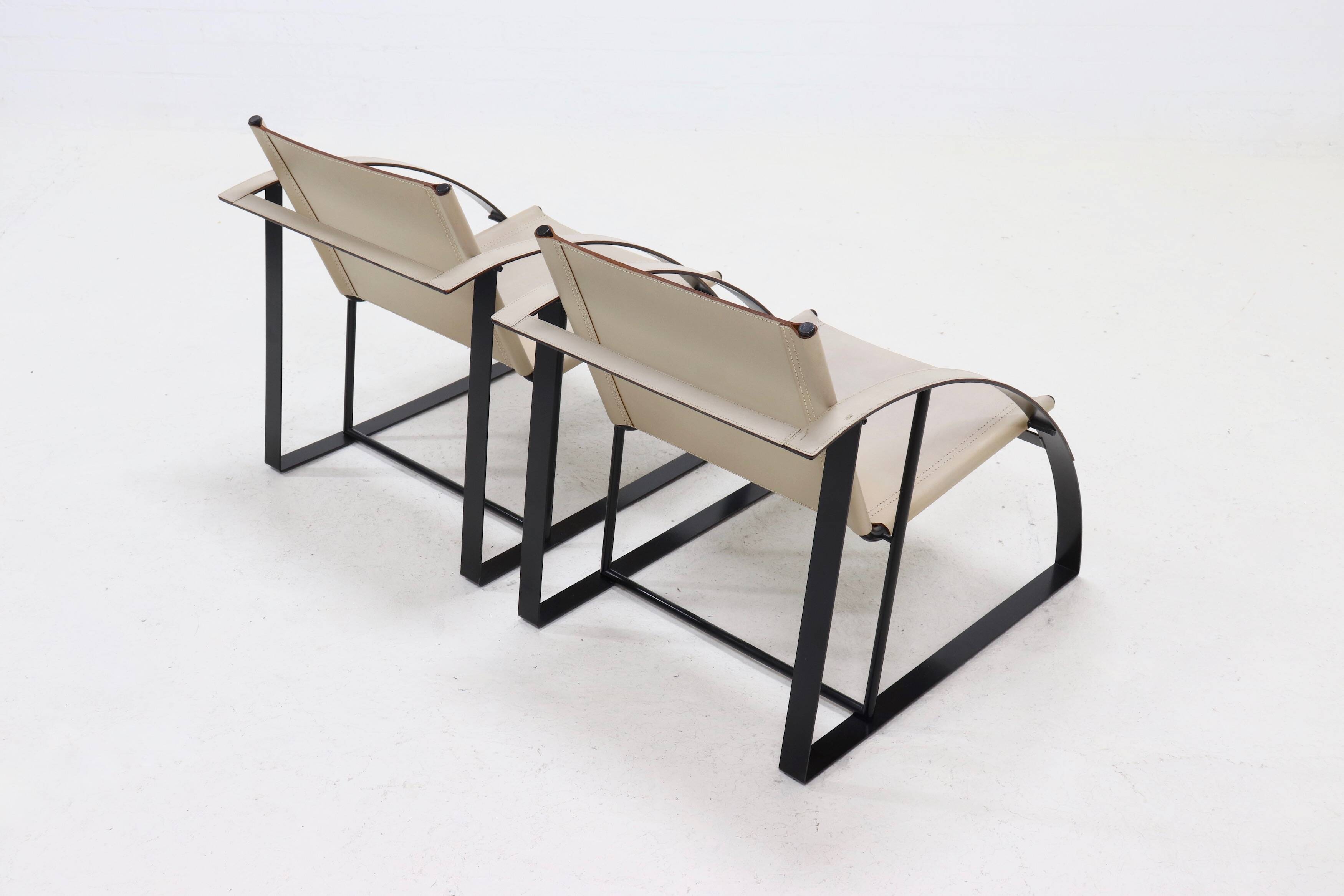 Set of 2 Post Modern Saddle Leather and Steel Armchairs 1970s