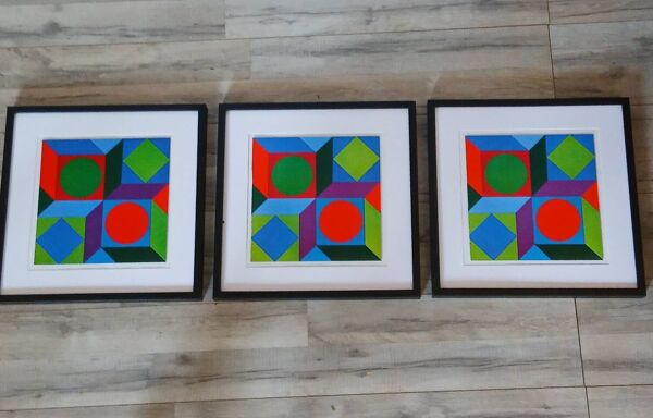 Triptyque Art Optique - Victor Vasarely - 3 Cadres 40x40cm