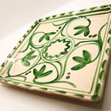 Square Mediterranean glazed earthenware dish with green flowers