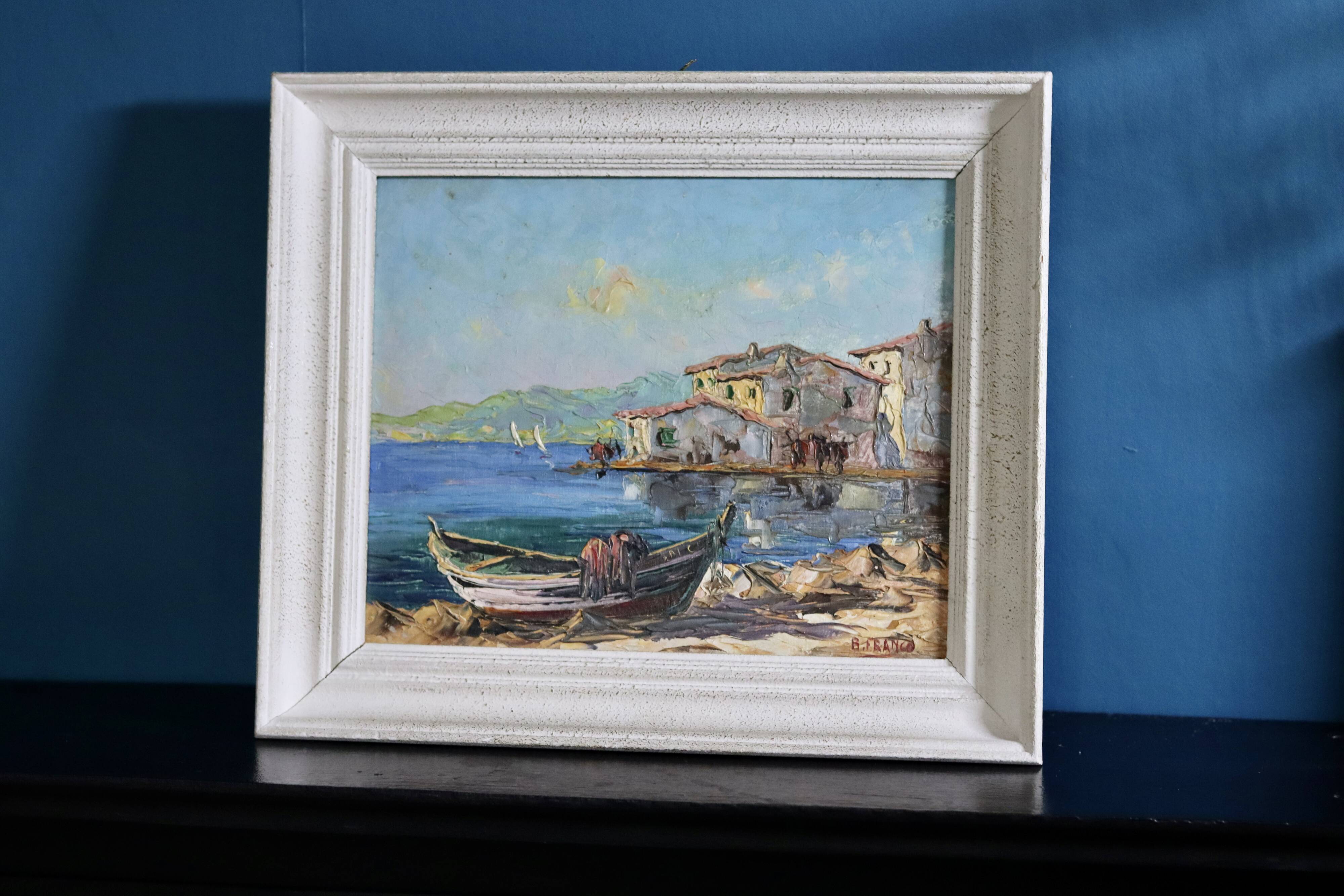 Oil painting on mid-century style panel "Port with Buildings" by B Franco, vintage and framed.